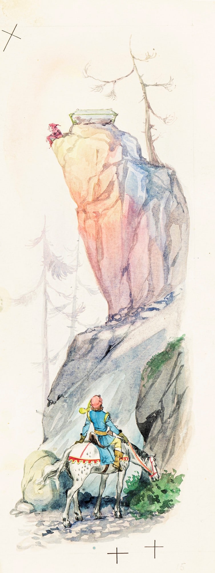 Sani (Sandro Nardini) - "Snow White and the Seven Dwarfs", 1954: Sani (Sandro Nardini) - "Snow White and the Seven Dwarfs", 1954 ITA matita, acquerello e tempera su cartoncino, 11 x 28,5 cm Illustrazione originale realizzata da Nardini per la fiaba "Bi