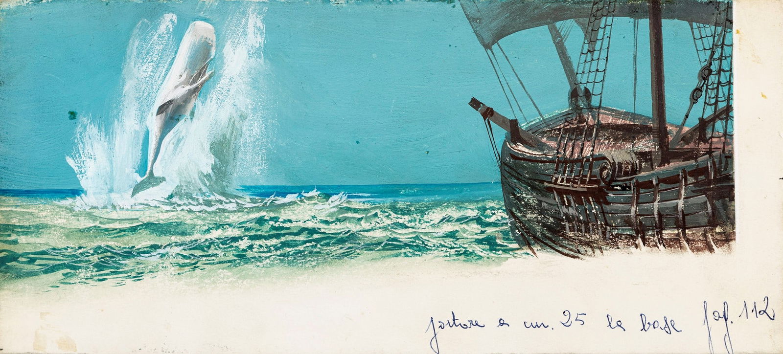 Riga, Diego e Dale (Giorgio De Gaspari) - "Moby Dick", 1965: Riga, Diego e Dale (Giorgio De Gaspari) - "Moby Dick", 1965 ITA tempera su cartone, 26,5 x 12 cm Illustrazione originale realizzata da De Gaspari per il romanzo "Moby Dick" di Herman