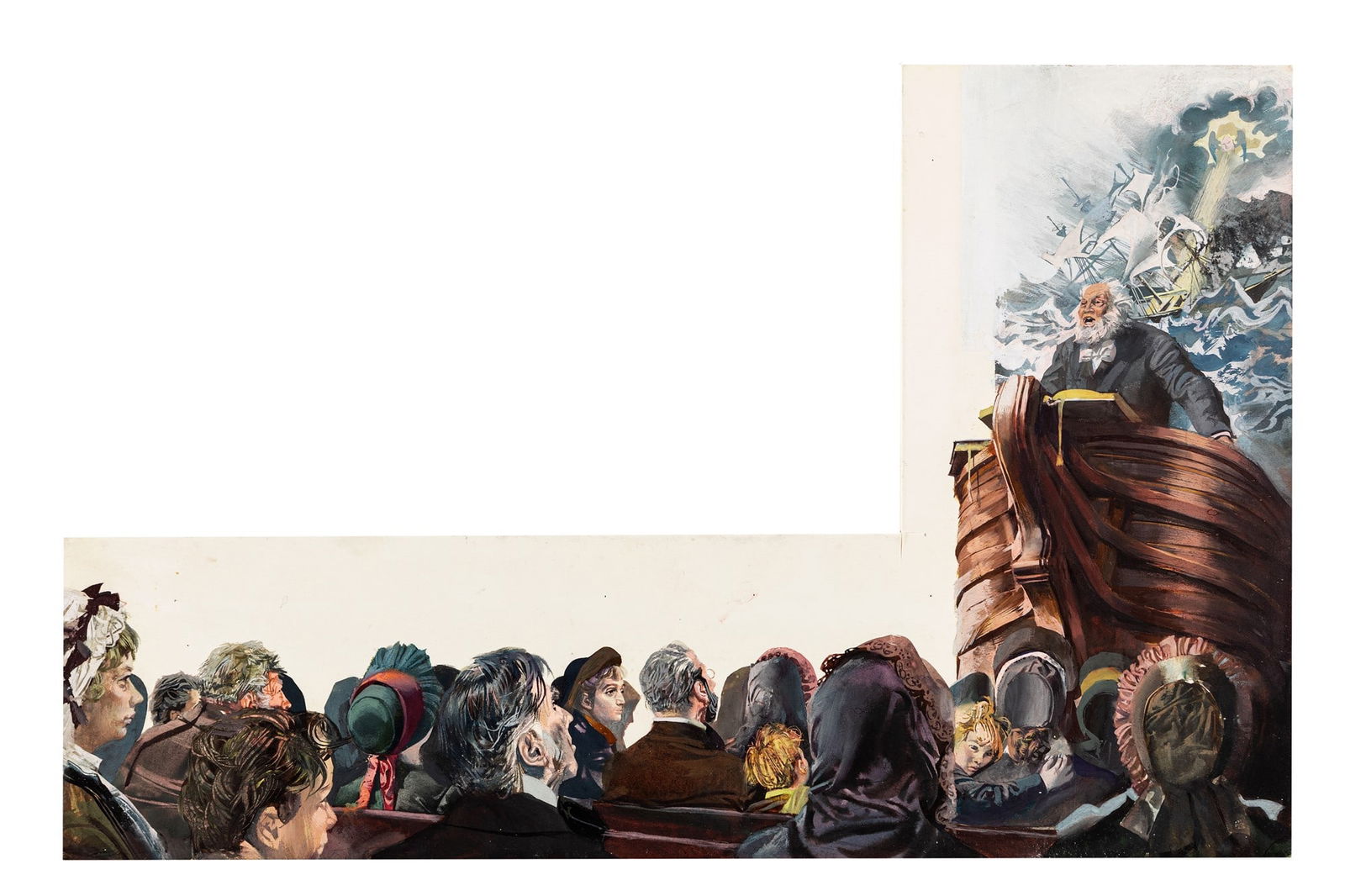 Riga, Diego e Dale (Giorgio De Gaspari) - "Moby Dick", 1965: Riga, Diego e Dale (Giorgio De Gaspari) - "Moby Dick", 1965 ITA tempera su cartone sagomato, 50,5 x 32,5 cm Illustrazione originale realizzata da De Gaspari per il romanzo "Moby Dick"