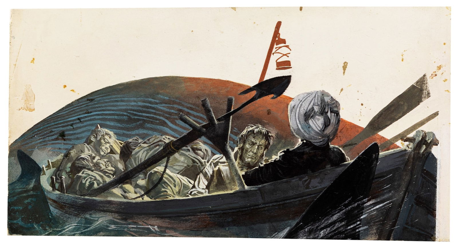 Riga, Diego e Dale (Giorgio De Gaspari) - "Moby Dick", 1965: Riga, Diego e Dale (Giorgio De Gaspari) - "Moby Dick", 1965 ITA tempera su cartone, 26 x 13,5 cm Illustrazione originale realizzata da De Gaspari per il romanzo "Moby Dick" di Herman