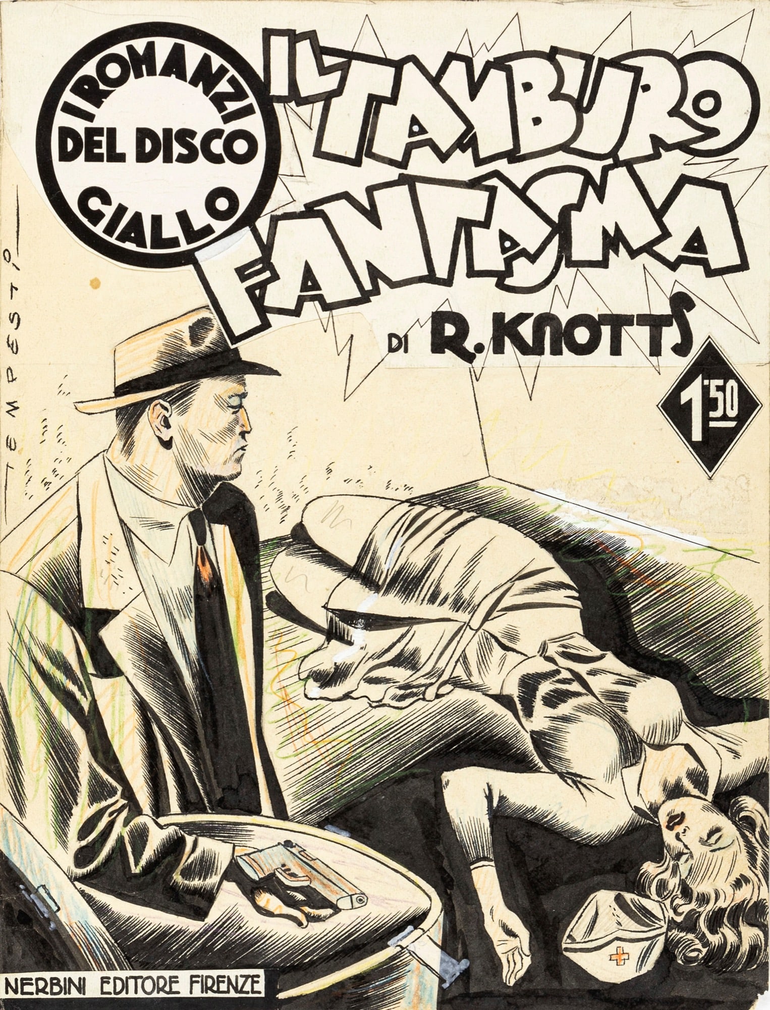 Tempesti Mario - "Il tamburo fantasma", 1940: Tempesti Mario - "Il tamburo fantasma", 1940 ITA matita, china e pastelli su cartoncino, 23,5 x 31 cm Originale di copertina realizzato da Tempesti per il romanzo "Il tamburo fantasma"