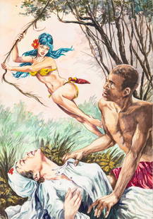 Biffi Aleandro - "Jungla - Jene bianche", 1970: Biffi Aleandro - "Jungla - Jene bianche", 1970 ITA tempera su cartone, 25,5 x 36,5 cm Originale di copertina realizzato da Biffi per "Jene bianche", edito su Jungla n. 35 dalla