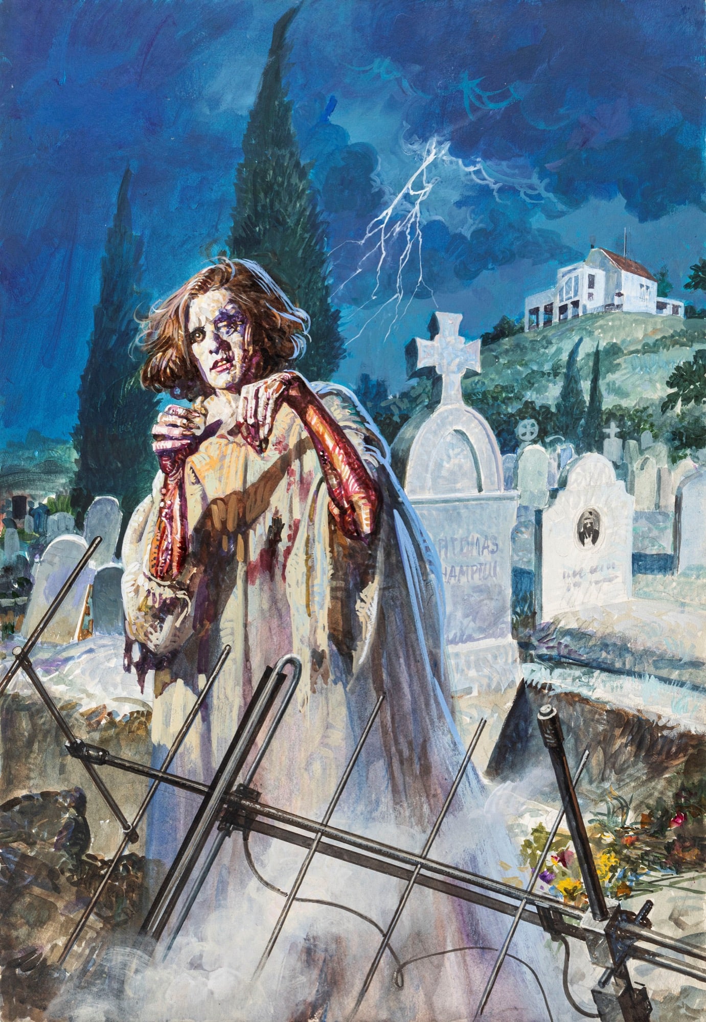 Biffignandi Alessandro - "Mezzanotte - Telecimitero", 1990: Biffignandi Alessandro - "Mezzanotte - Telecimitero", 1990 ITA tempera su cartone, 38,5 x 56 cm Originale di copertina realizzato da Biffignandi per "Telecimitero", edito nella serie M