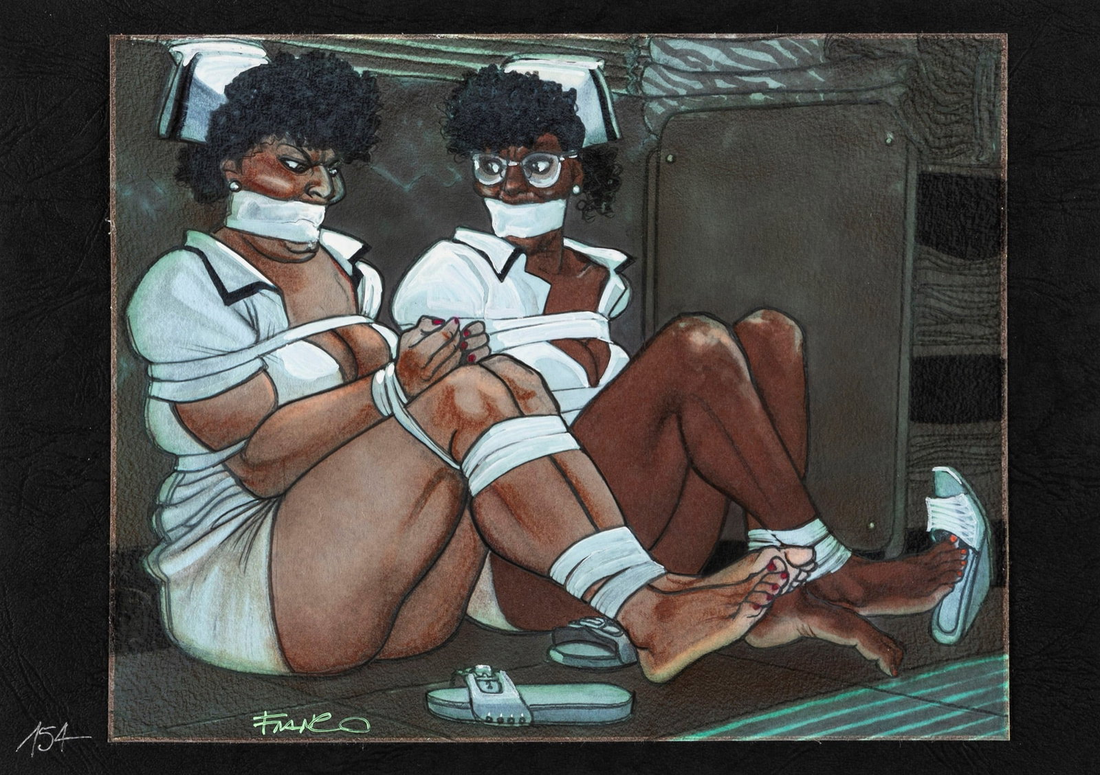 Saudelli Franco - "Bondage Girls", anni 90: Saudelli Franco - "Bondage Girls", anni 90 ITA matita, china e pastelli su cartoncino, 24 x 19 cm Illustrazione originale realizzata da Saudelli per le edizioni Glittering Image negli anni 
