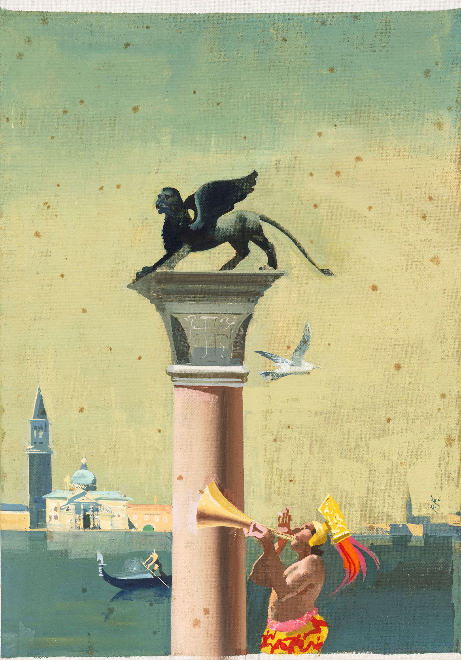 Pintér Ferenc - "Venezia", anni ‘90: Pintér Ferenc - "Venezia", anni ‘90 ITA tempera su cartone telato, 26 x 37 cm Originale di copertina realizzato da Pintér durante gli anni ‘90 per la rivista "Intere