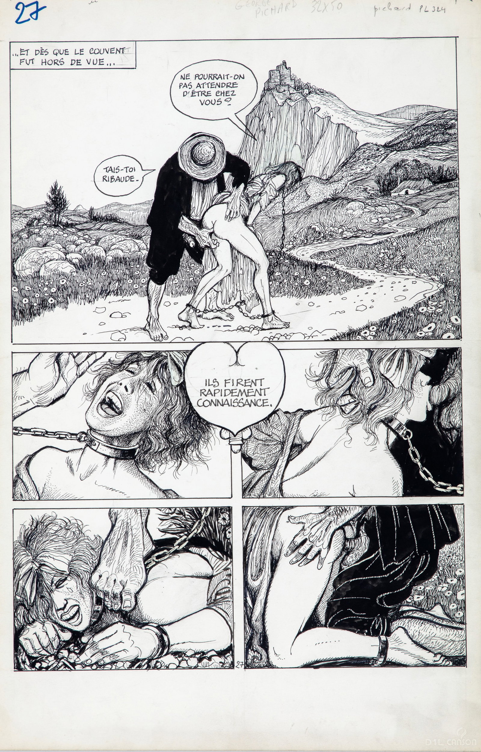 Pichard Georges - "Madoline", 1990: Pichard Georges - "Madoline", 1990 ITA matita e china su cartone, 33 x 50,5 cm Tavola originale realizzata da Pichard per "Madoline", edita a pag. 27 dalla casa editrice francese C.A.P