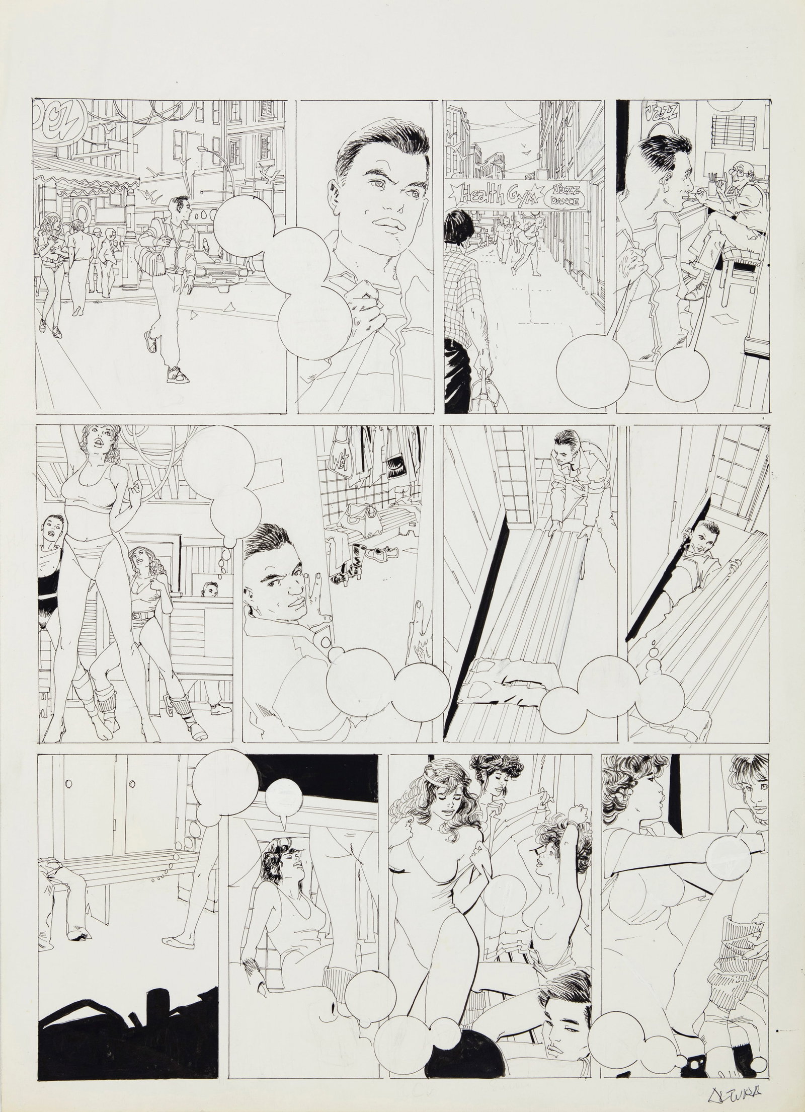Altuna Horacio - "El Mirón - En forma", anni 80: Altuna Horacio - "El Mirón - En forma", anni 80 ITA matita e china su cartoncino, 32,5 x 45 cm Tavola originale realizzata da Altuna per la pag. 1 della avventura erotica intitolata "En f