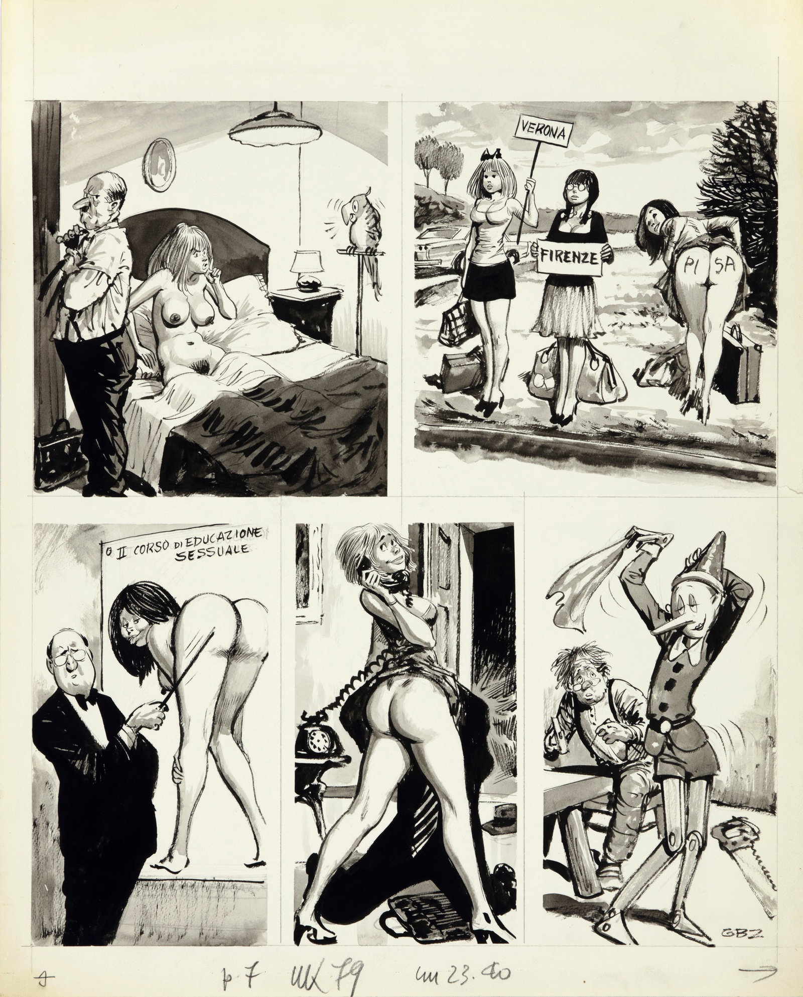 Buzzelli Guido - "La rivoluzione sessuale", 1973: Buzzelli Guido - "La rivoluzione sessuale", 1973 ITA matita, china e acquerello su cartoncino, 37 x 45,5 cm Tavola originale realizzata da Buzzelli per il settimanale eroticomico Menelik n. 79