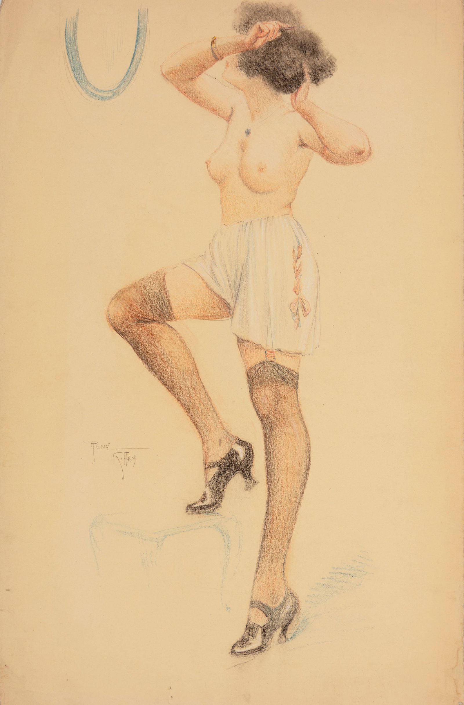 Giffey René - "Nudo", 1923: Giffey René - "Nudo", 1923 ITA pastelli e acquerello su cartoncino, 32,5 x 50 cm Disegno originale realizzato dal celebre illustratore francese Giffey nel 1923. Fori di affissione agli a