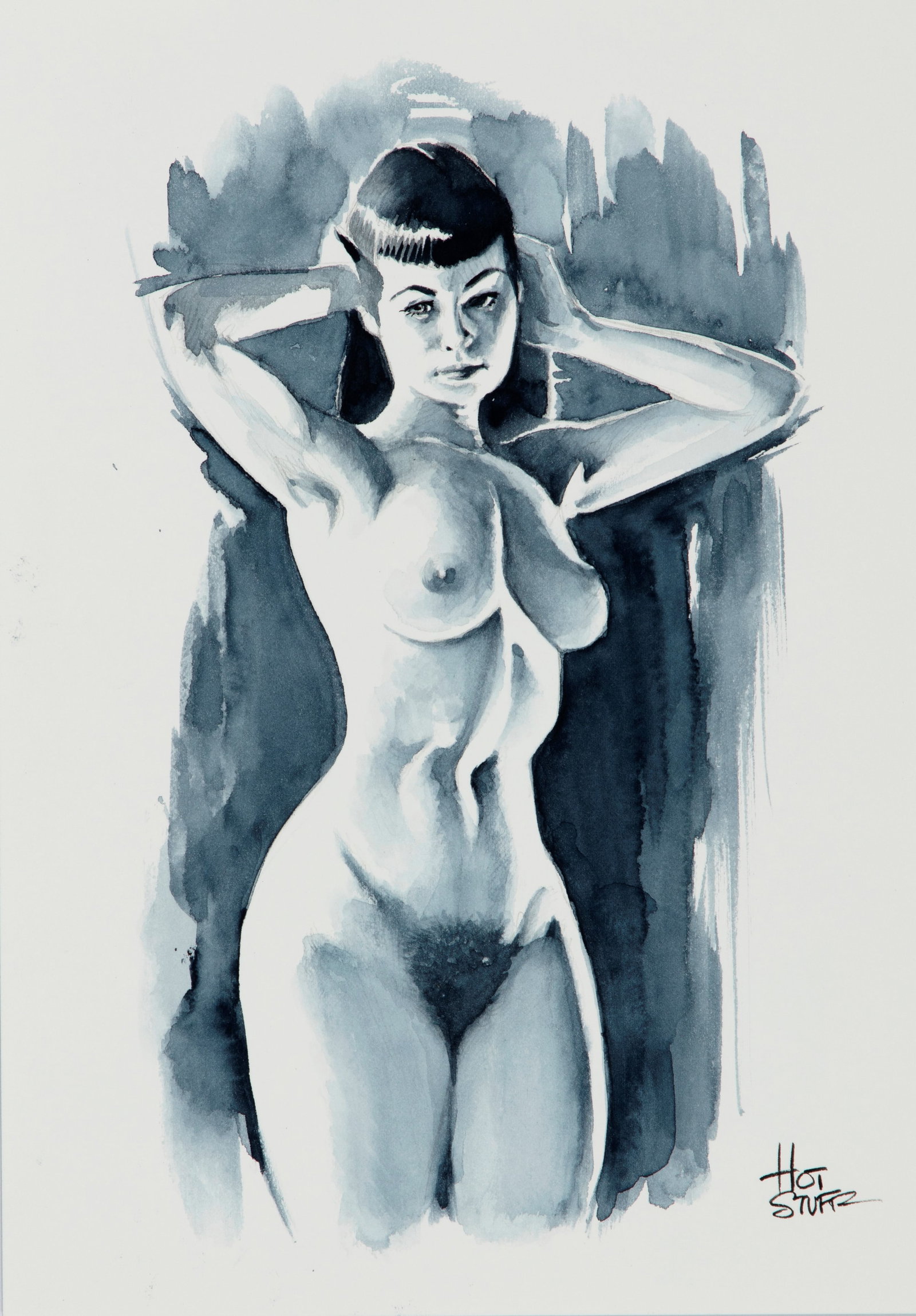 Hot Stuff (Fabio Redaelli) - "Bettie Page", anni 2020: Hot Stuff (Fabio Redaelli) - "Bettie Page", anni 2020 ITA acquerello su cartoncino, 18 x 25,5 cm Firmato. ________________________________________________________________ ENG watercolor on thi