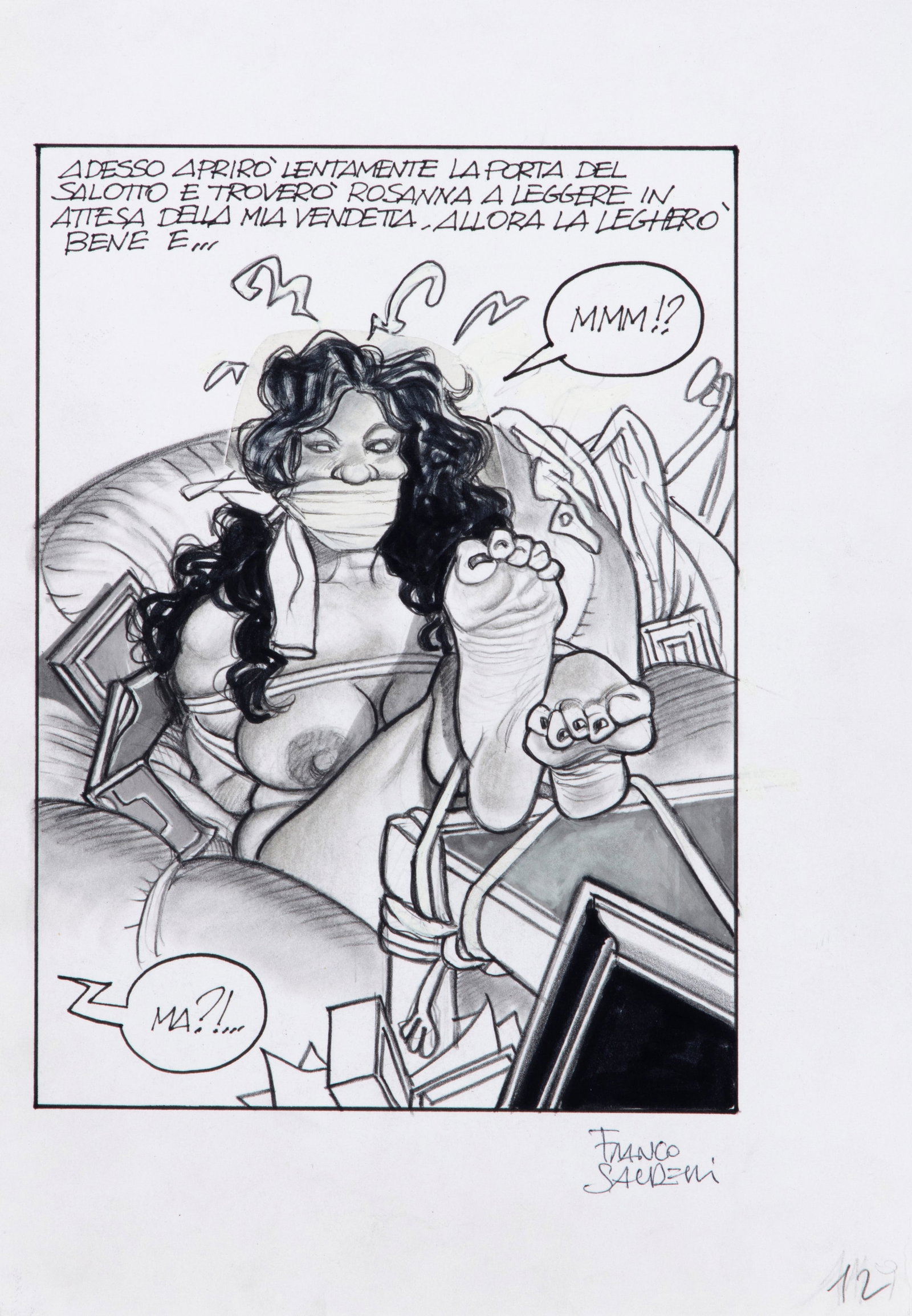Saudelli Franco - "Fetish story", anni 80: Saudelli Franco - "Fetish story", anni 80 ITA matita e china su cartoncino, 17,5 x 25 cm Tavola originale realizzata da Saudelli negli anni ‘80. Firmata. ________________________________