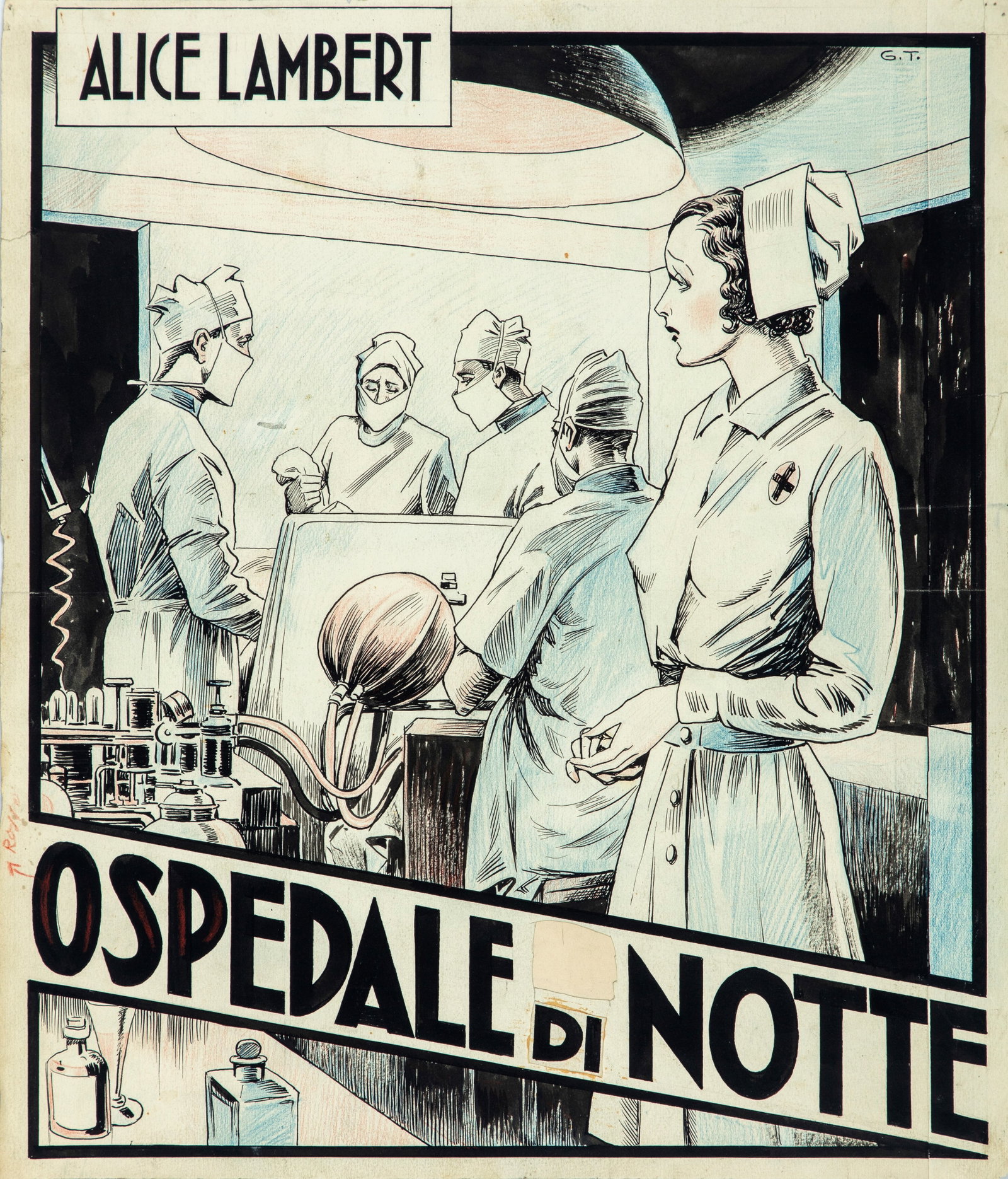 Toppi Giove - "Ospedale di notte", anni 40: Toppi Giove - "Ospedale di notte", anni 40 ITA pastelli e china su cartoncino, 35 x 41 cm Originale di copertina realizzato da Toppi per il romanzo "Ospedale di notte" di Alice Lambert
