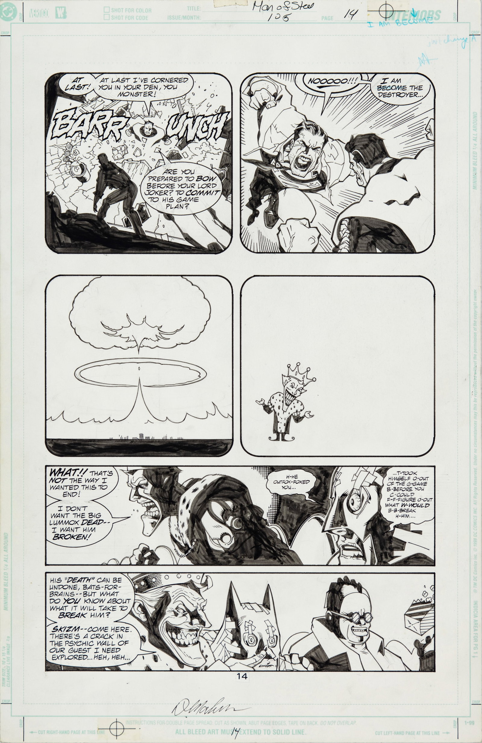 Mahnke Doug - "Superman: The Man of Steel - The Reign of Emperor Joker", 2000: Mahnke Doug - "Superman: The Man of Steel - The Reign of Emperor Joker", 2000 ITA matita e china su cartoncino DC, 28 x 43 cm Tavola originale realizzata da Mahnke per "The Reign of Empero
