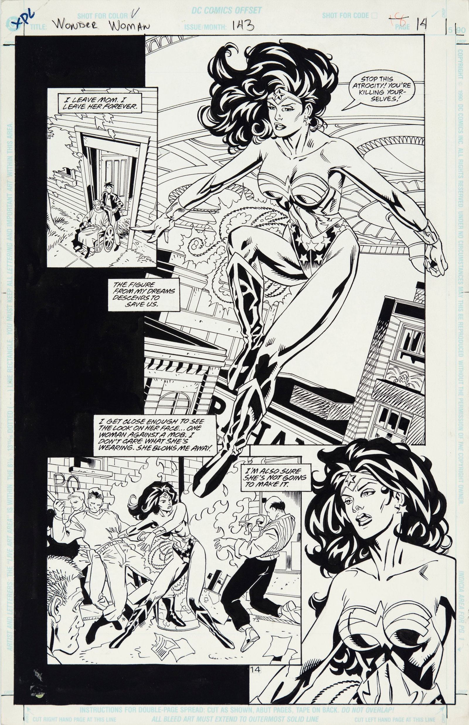 Paquette Yanick - "Wonder Woman - Tragedy", 1999: Paquette Yanick - "Wonder Woman - Tragedy", 1999 ITA matita e china su cartoncino DC, 28 x 43,5 cm Tavola originale realizzata da Paquette per "Tragedy", edita su Wonder Woman n. 143 a
