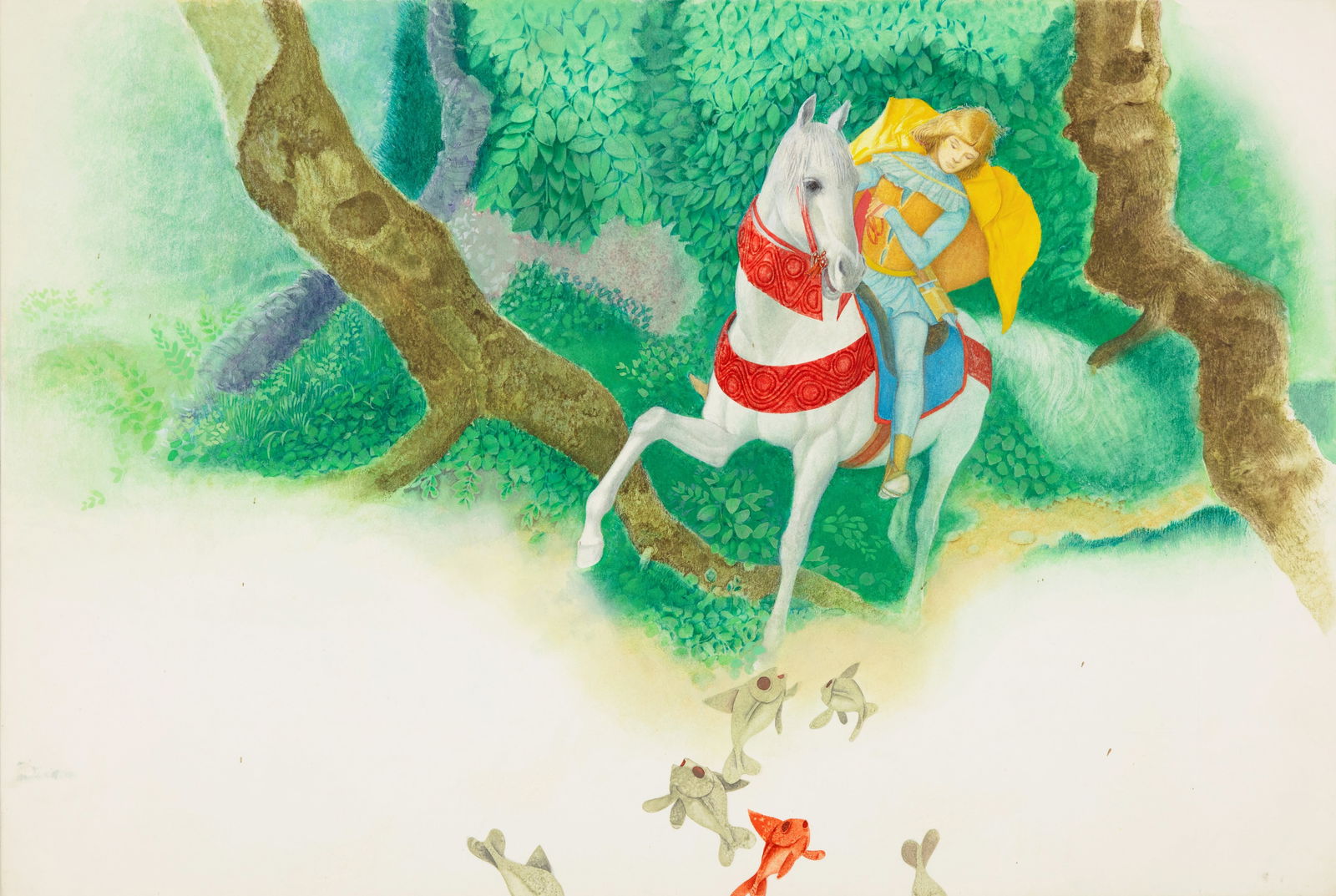 Fontana Ugo - "Il serpe bianco (The White Snake)", 1966: Fontana Ugo - "Il serpe bianco (The White Snake)", 1966 ITA pastelli, tempera e acquerello su cartone54 x 36,5 cm Illustrazione originale realizzata da Fontana per la fiaba "Il serpe bian