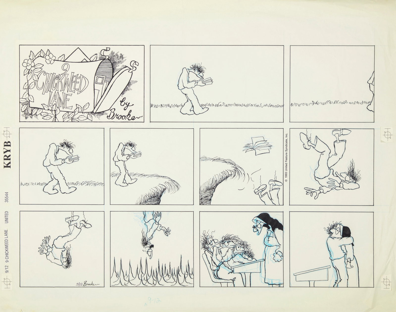 Brooken (Brooke McEldowney) - "9 Chickweed Lane", 1993: Brooken (Brooke McEldowney) - "9 Chickweed Lane", 1993 ITA pastello e china su carta61 x 48 cm Tavola domenicale del 12/09/1993 per "9 Chickweed Lane". Pieghe. Firmata e datata. ______