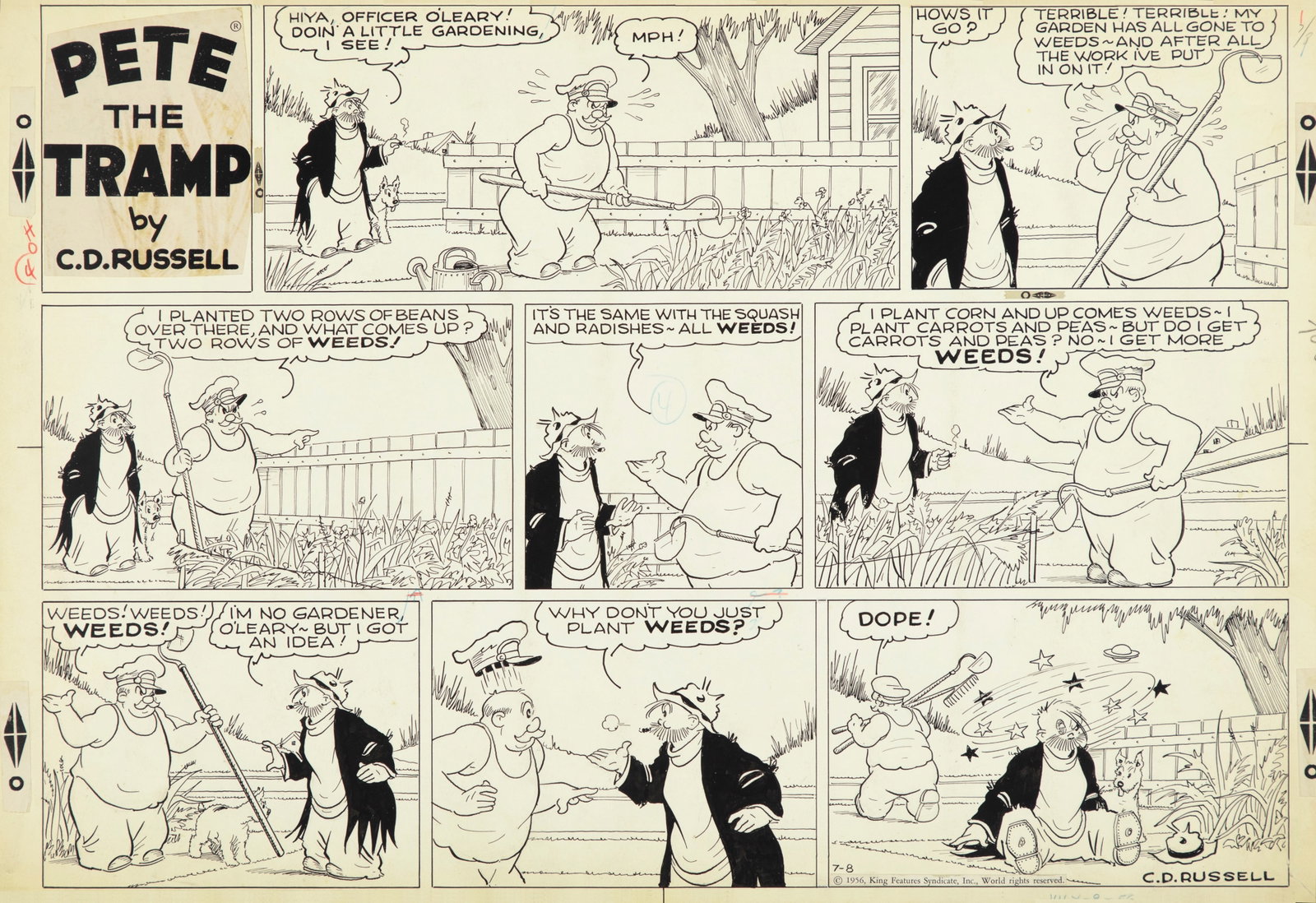 Russell Clarence D. - "Pete the Tramp", 1956: Russell Clarence D. - "Pete the Tramp", 1956 ITA matita e china su cartoncino53 x 36,5 cm Tavola domenicale del 08/07/1956 per "Pete the Tramp". Firmata e datata. _____________________