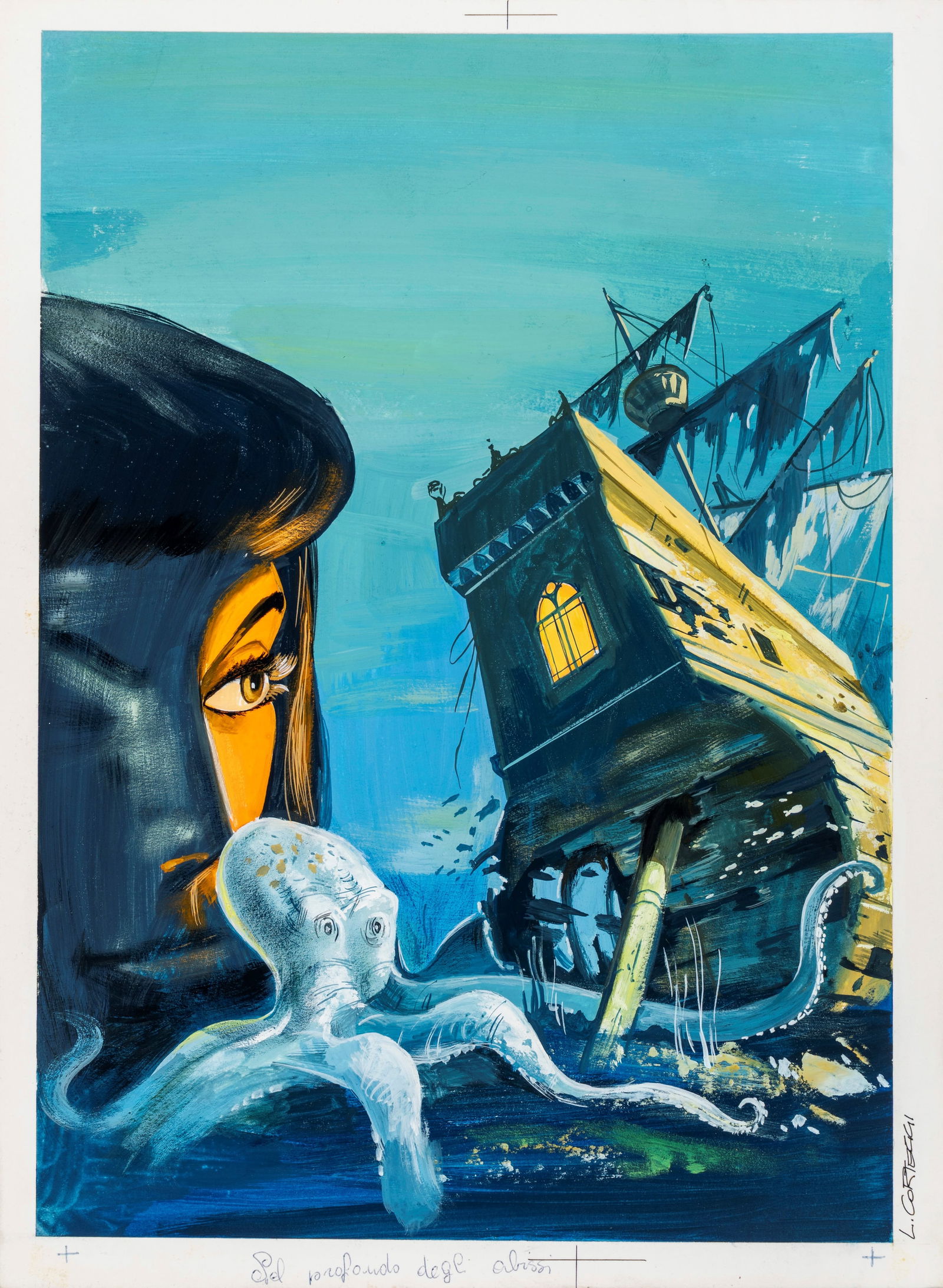 Corteggi Luigi - "Satanik - Nel profondo degli abissi", 1965: Corteggi Luigi - "Satanik - Nel profondo degli abissi", 1965 ITA tempera su cartone20 x 27,5 cm Originale di copertina realizzato da Corteggi per "Nel profondo degli abissi", edito su