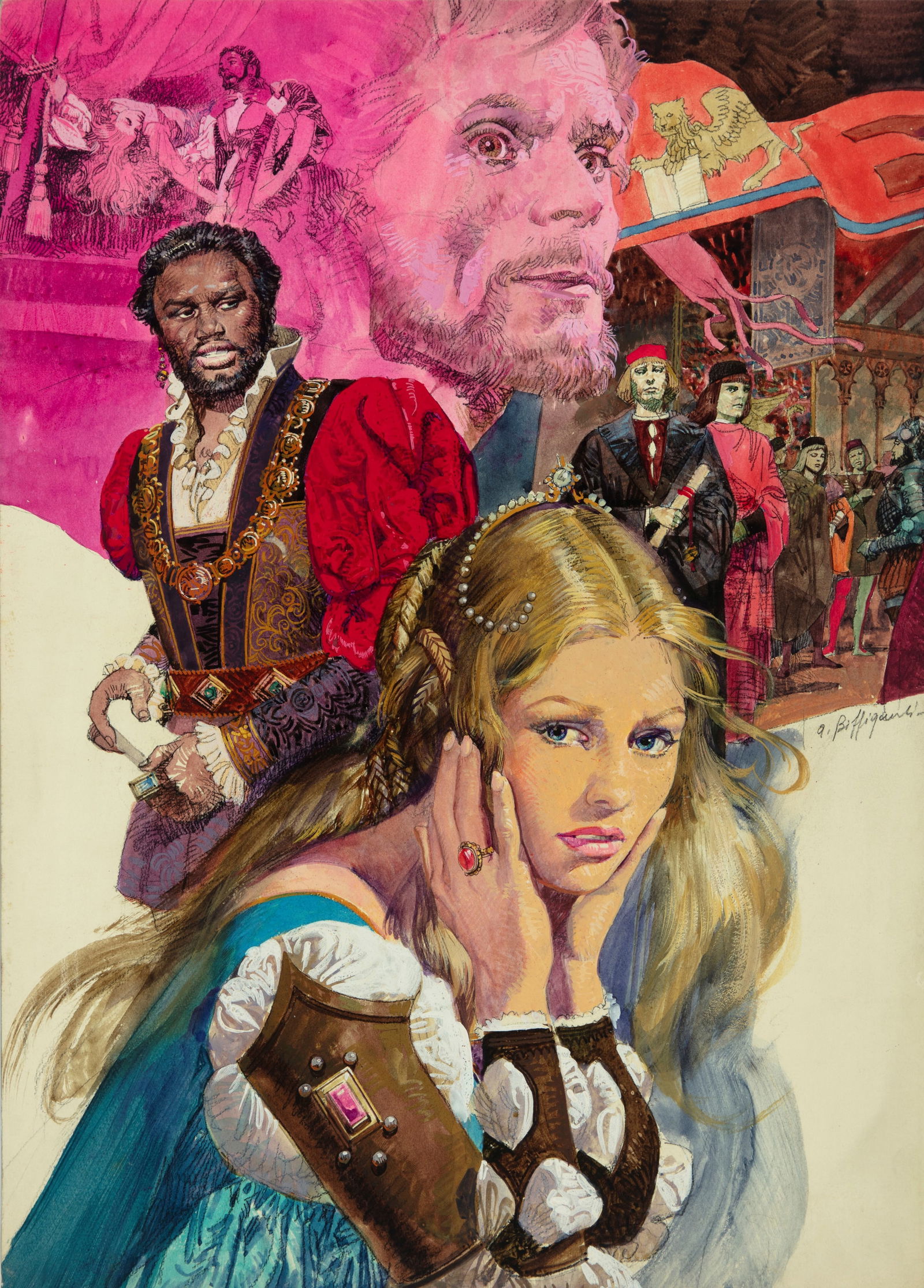 Biffignandi Alessandro - "Otello e Desdemona", 1976: Biffignandi Alessandro - "Otello e Desdemona", 1976 ITA tempera su cartone32,5 x 45 cm Illustrazione originale realizzata da Biffignandi per la rubrica "I grandi amori", edita sul set