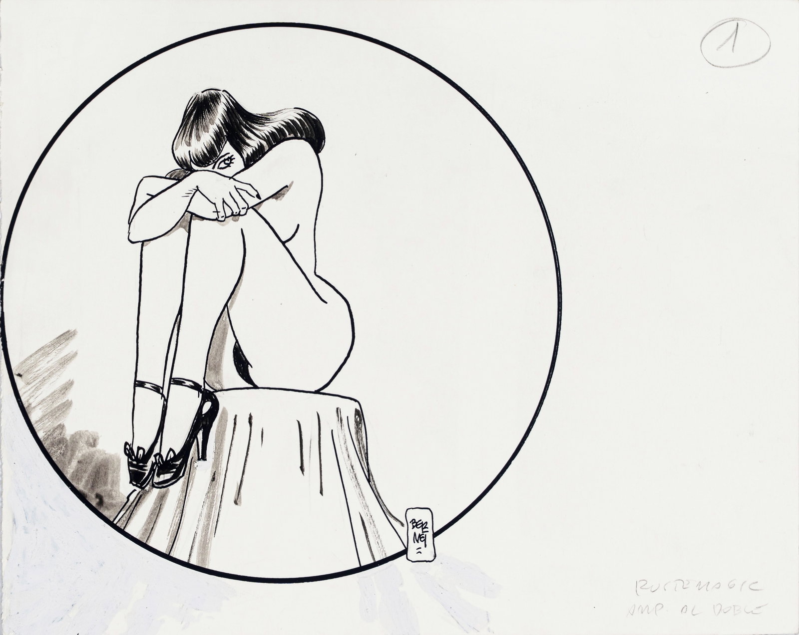 Bernet Jordi - "Chiara", 1990s: Bernet Jordi - "Chiara", 1990s ITA matita e china su cartoncino25 x 20 cm Illustrazione originale realizzata da Bernet per la sua sexy eroina Chiara. Firmata. _________________________________