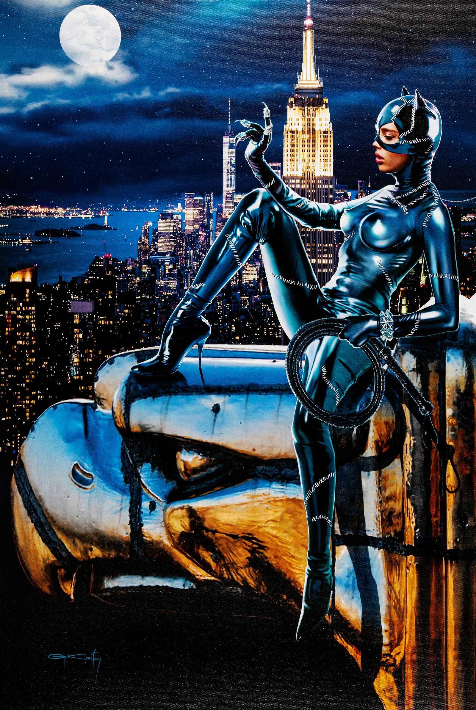 Koufay Gennadiy - "Catwoman N.Y.C.", 2022: Koufay Gennadiy - "Catwoman N.Y.C.", 2022 ITA acrilici su tela51 x 76 cm Dipinto originale realizzato dal maestro europeo delle pin-up Koufay, titolata "Catwoman N.Y.C.". Si allega il 