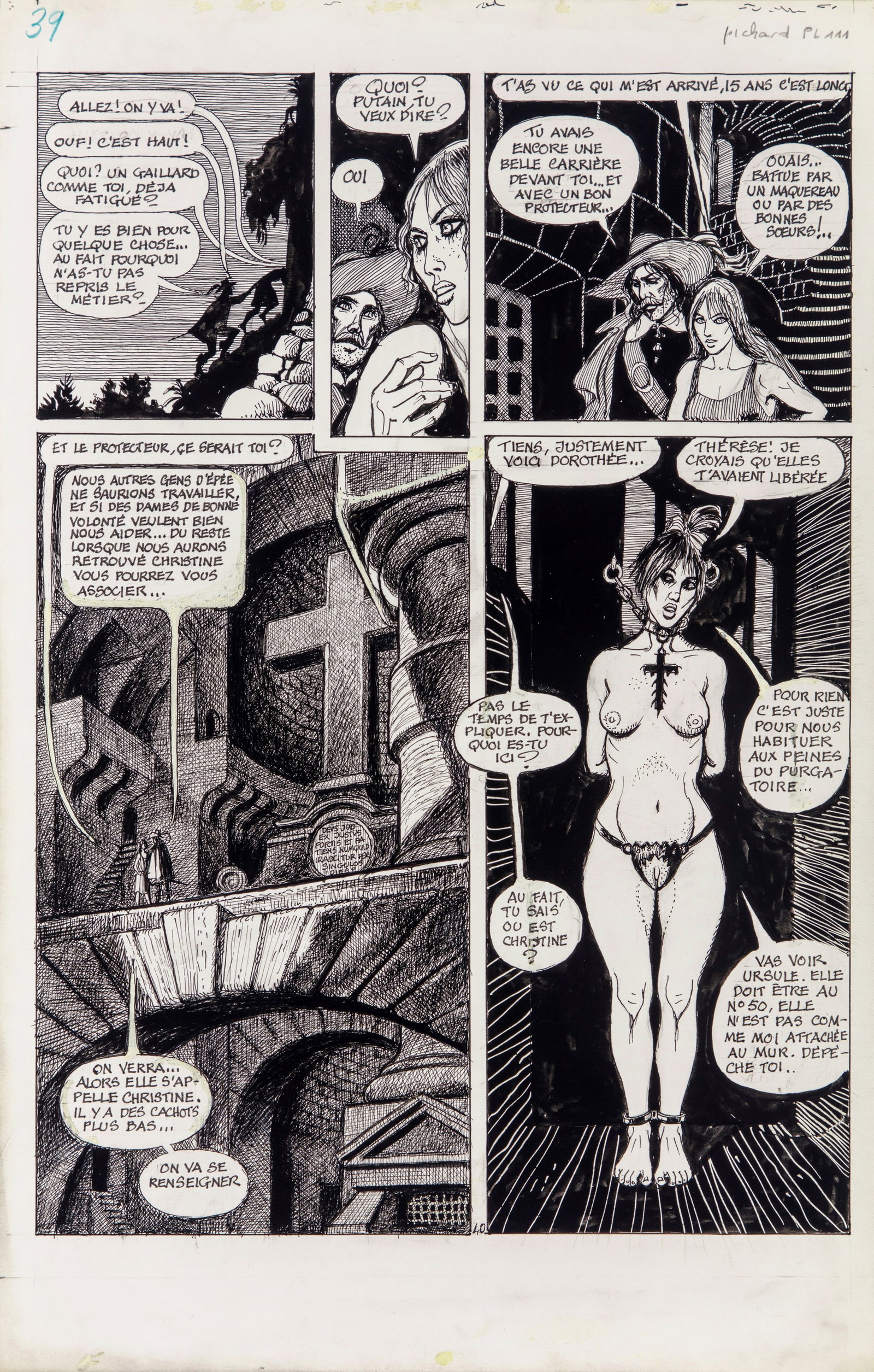 Pichard Georges - "Marie-Gabrielle de Saint-Eutrope", 1977: Pichard Georges - "Marie-Gabrielle de Saint-Eutrope", 1977 ITA matita e china su cartone33 x 50 cm Tavola originale realizzata da Pichard per "Marie-Gabrielle de Saint-Eutrope" edita a