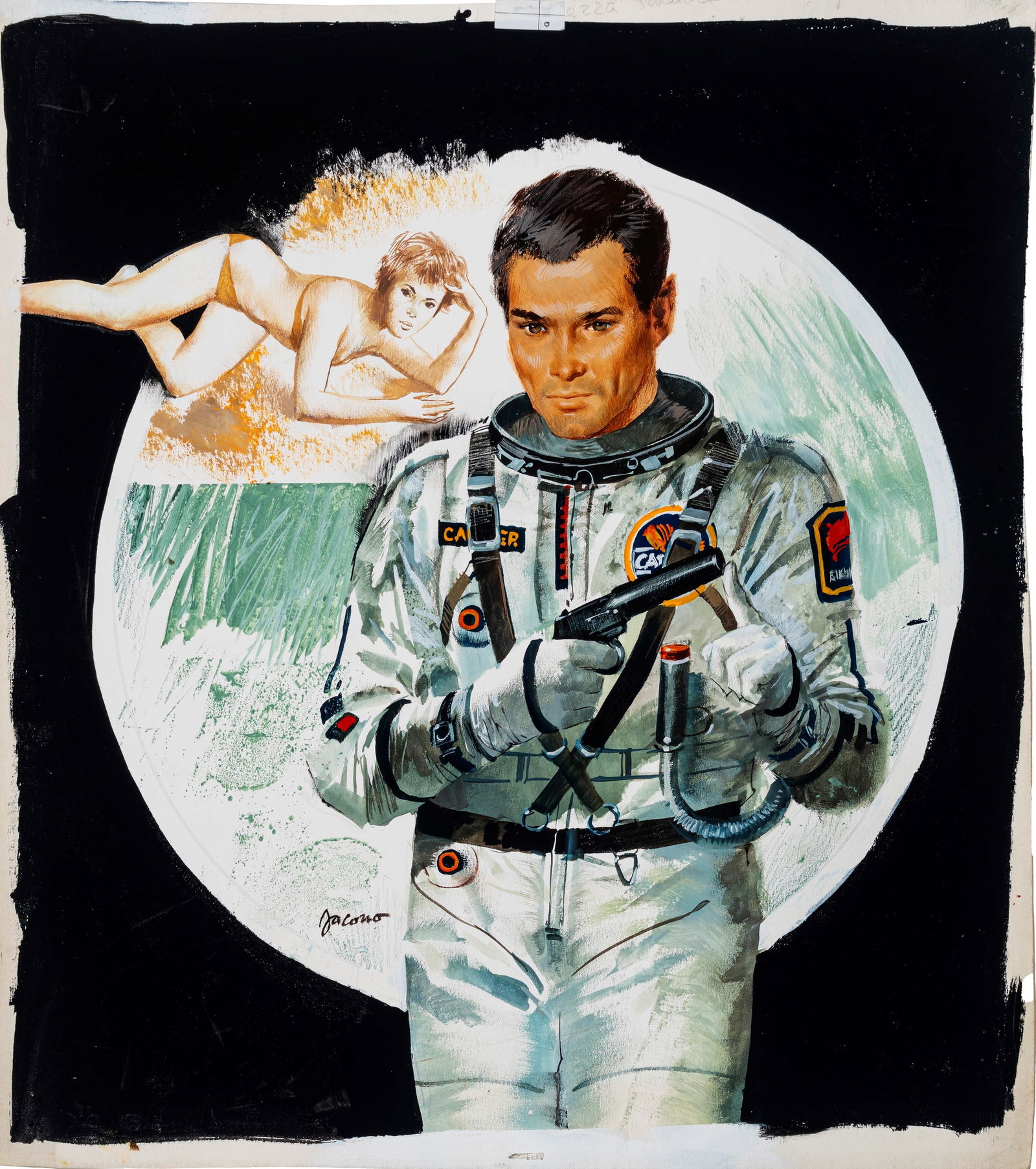 Jacono Carlo - "Segretissimo - Colpo di luna per Nick Carter", 1972: Jacono Carlo - "Segretissimo - Colpo di luna per Nick Carter", 1972 ITA tempera su cartone, 38 x 41,5 cm Originale di copertina realizzato da Jacono per "Colpo di luna per Nick Carter"