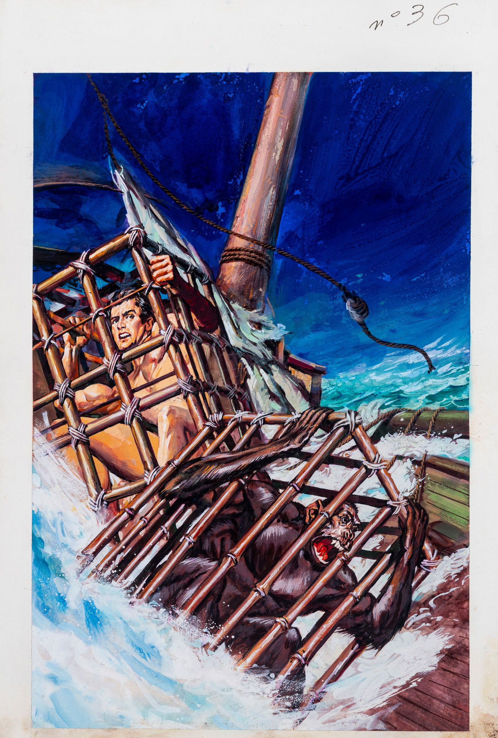 Busett Dino - "Tarzan", 1971: Busett Dino - "Tarzan", 1971 ITA tempera su cartone27,5 x 40,5 cm Originale di copertina realizzato da Busett per Tarzan n. 36, edito dalla Cenisio nel 1971. Segni di umidità al margine