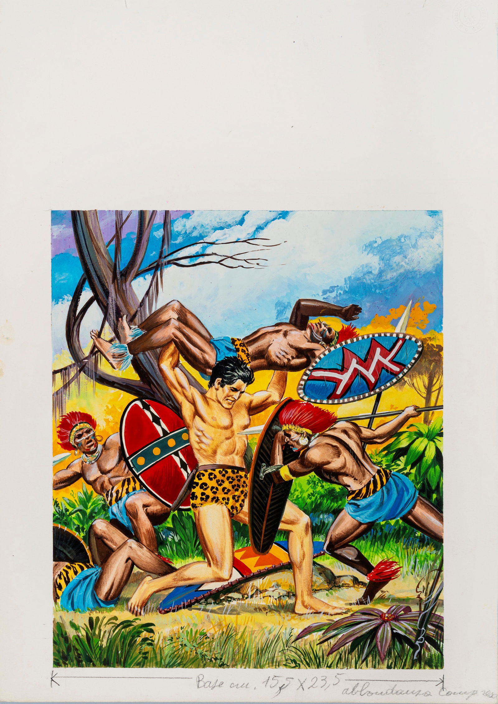 Busett Dino - "Tarzan", 1973: Busett Dino - "Tarzan", 1973 ITA tempera su cartone25,5 x 36 cm Originale di copertina realizzato da Busett per Tarzan n. 66, edito dalla Cenisio nel 1973.____________________________________