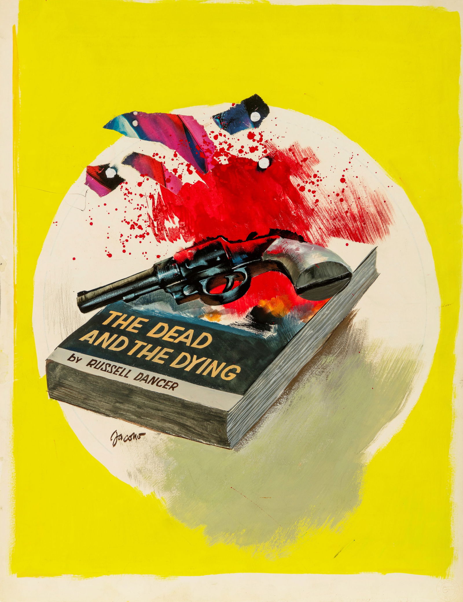 Jacono Carlo - "Il Giallo Mondadori - I morti e i morituri", 1974: Jacono Carlo - "Il Giallo Mondadori - I morti e i morituri", 1974 ITA tempera e collage su cartone36 x 47 cm Originale di copertina realizzato da Jacono per "I morti e i morituri" di