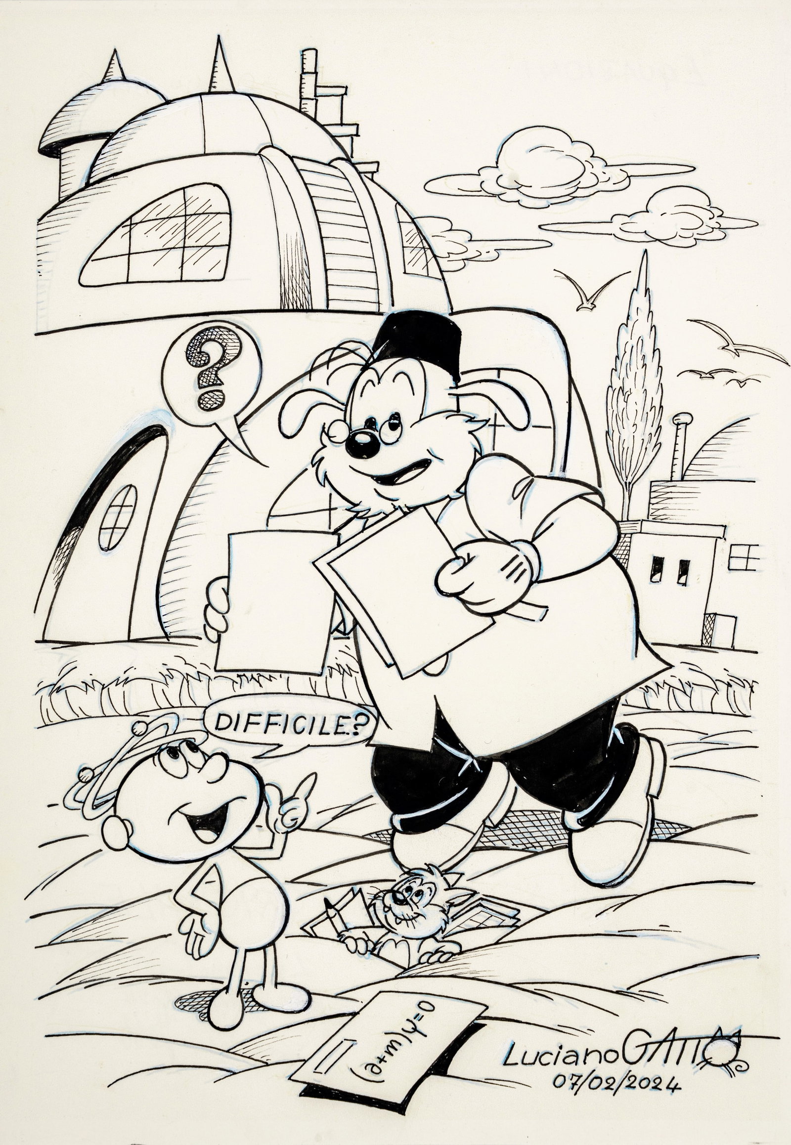 Gatto Luciano - "Professor Zapotec e Atomino Bip Bip ", 2024: Gatto Luciano - "Professor Zapotec e Atomino Bip Bip ", 2024 ITA matita e china su cartoncino, 23 x 33 cm Firmato e datato.________________________________________________________________ENG