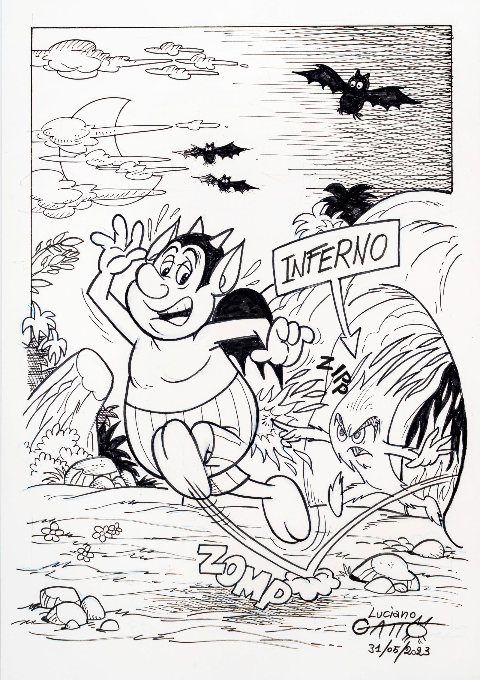 Gatto Luciano - "Geppo ", 2023: Gatto Luciano - "Geppo ", 2023 ITA matita e china su cartoncino, 23 x 33 cm Firmato e datato.________________________________________________________________ENG pencil and ink on thin cardbo