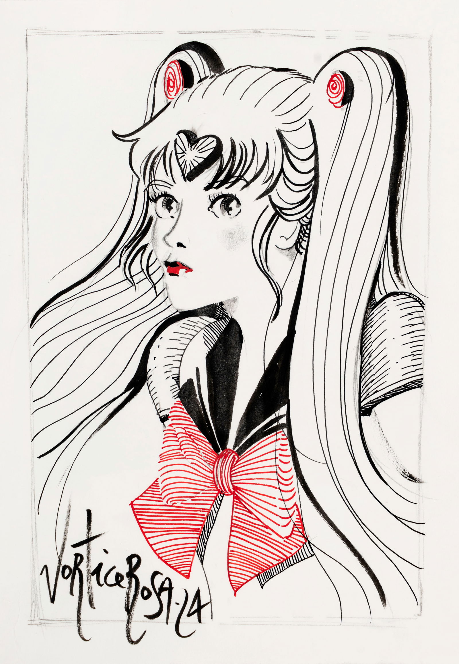 Vorticerosa (Rosa Puglisi) - "Sailor Moon / NOA / Actarus ", 2024: Vorticerosa (Rosa Puglisi) - "Sailor Moon / NOA / Actarus ", 2024 ITA tecnica mista su cartoncino, 15 x 21 cm ciascuno Lotto composto da 3 illustrazioni originali realizzate da Vorticerosa ne