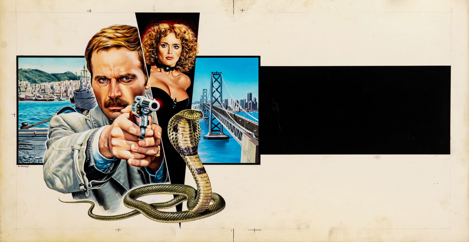 Napoli Bruno - "Il giorno del Cobra (Day of the Cobra)", 1980: Napoli Bruno - "Il giorno del Cobra (Day of the Cobra)", 1980 ITA tempera su cartone, 68 x 35,5 cm Bozzetto originale realizzato da Napoli per la locandina del film "Il giorno del Cobra&#