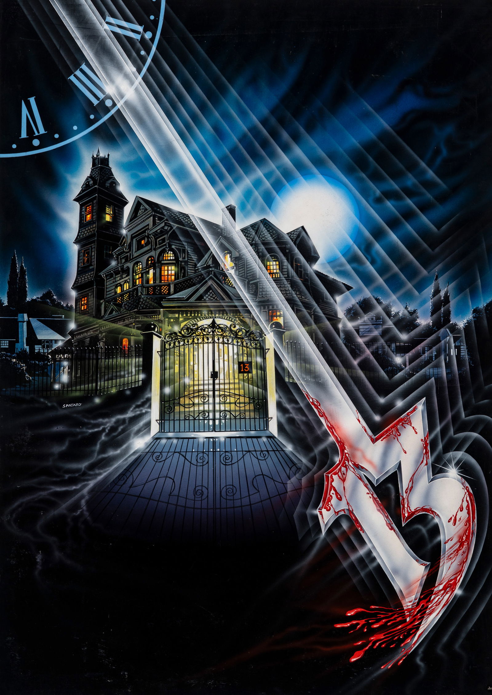 Spataro Salvatore - "La casa al n. 13 in Horror Street (Dream Demon)", 1988: Spataro Salvatore - "La casa al n. 13 in Horror Street (Dream Demon)", 1988 ITA tempera su cartone, 51 x 72 cm Bozzetto originale realizzato da Spataro per la locandina ufficiale del film 