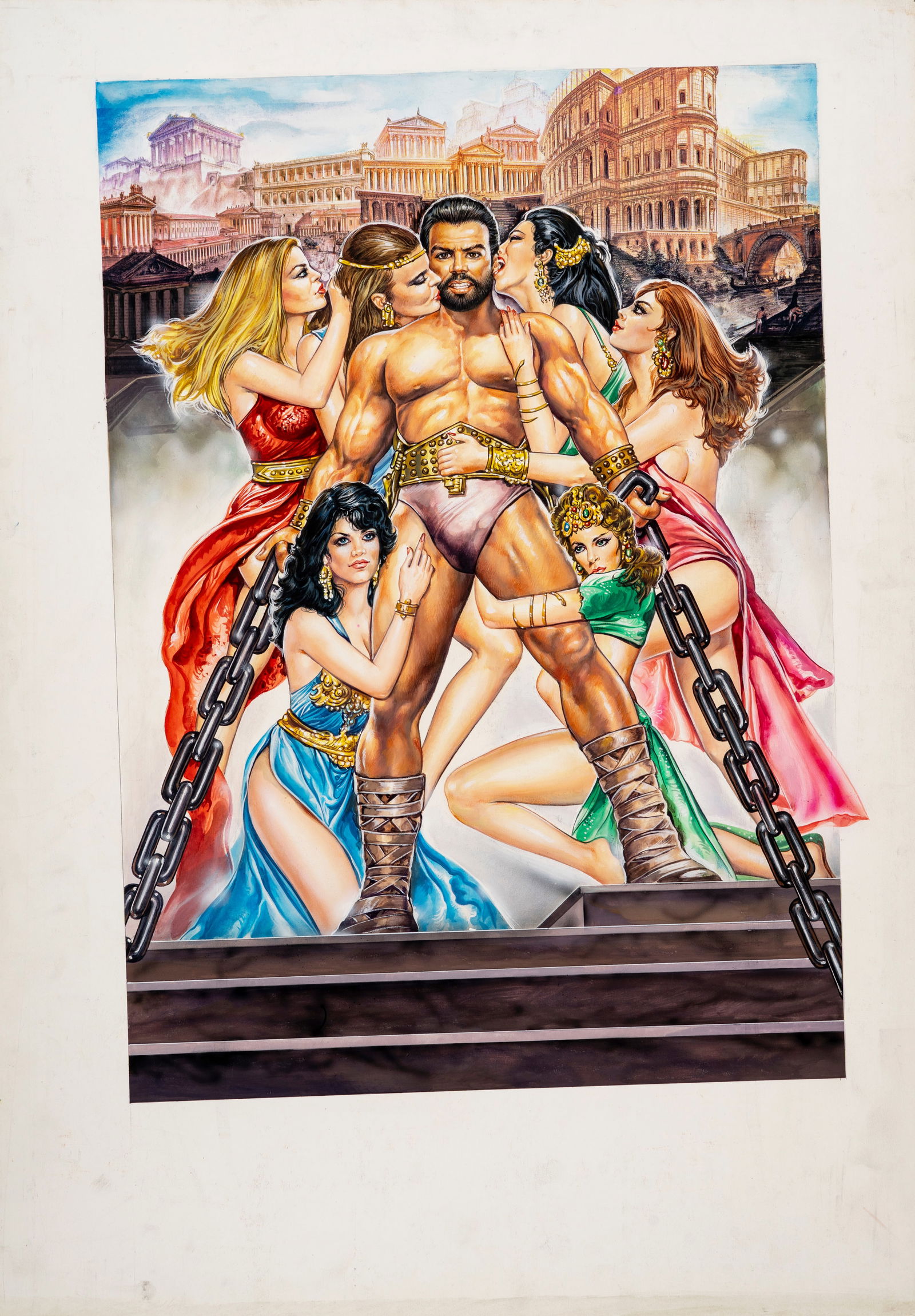 A.N.I. (autore non identificato) - "Le fatiche erotiche di Hercules (Hercules - A sex: A.N.I. (autore non identificato) - "Le fatiche erotiche di Hercules (Hercules - A sex adventure)", 1997 ITA tempera e collage su cartone, 51 x 73 cm Bozzetto originale realizzato per la locan