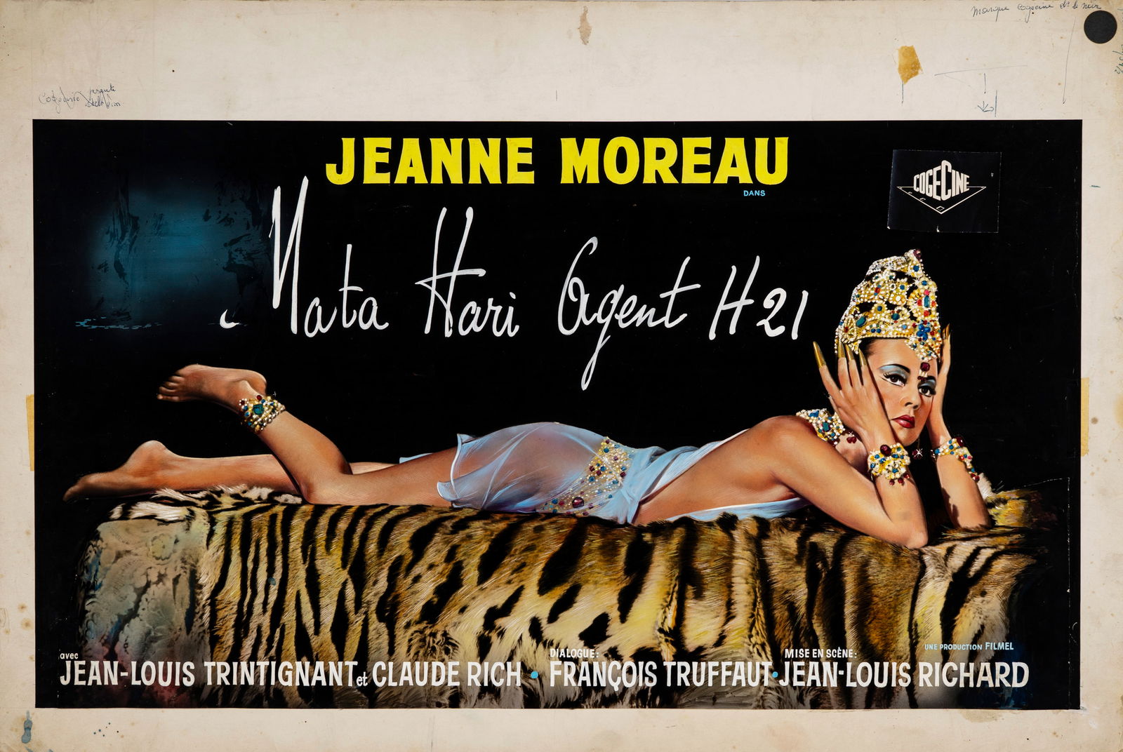 A.N.I. (autore non identificato) - "Mata Hari, agente segreto H21 (Mata Hari, agent H21)",: A.N.I. (autore non identificato) - "Mata Hari, agente segreto H21 (Mata Hari, agent H21)", 1964 ITA tempera e collage su cartone, 65,5 x 44 cm Bozzetto originale realizzato per la locandina u