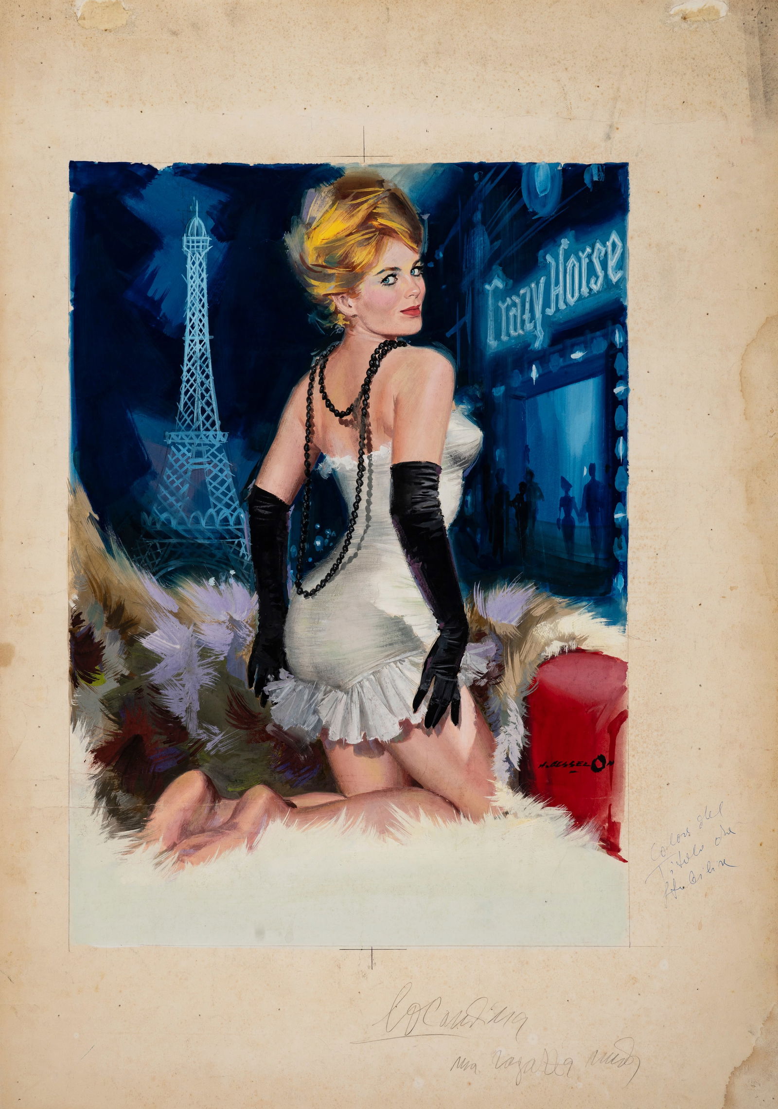 Cesselon Angelo - "Una ragazza nuda (Strip-tease)", 1963: Cesselon Angelo - "Una ragazza nuda (Strip-tease)", 1963 ITA tempera su cartoncino, 70 x 100 cm Bozzetto originale realizzato da Cesselon per la locandina ufficiale del film "Una ragazza