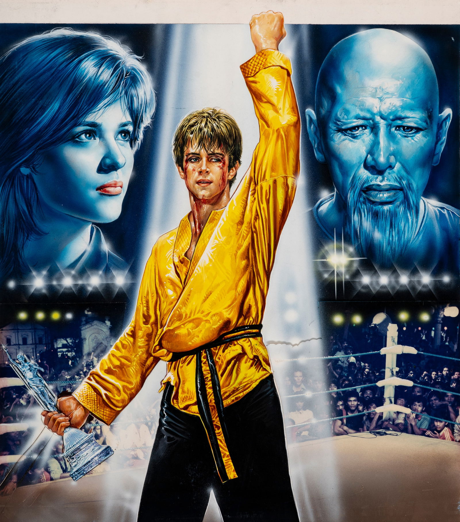 A.N.I. (autore non identificato) - "Il ragazzo dal kimono d’oro (Karate Warrior)",: A.N.I. (autore non identificato) - "Il ragazzo dal kimono d’oro (Karate Warrior)", 1987 ITA tempera e collage su cartone, 37,5 x 42,5 cm Bozzetto originale realizzato per la locandina u