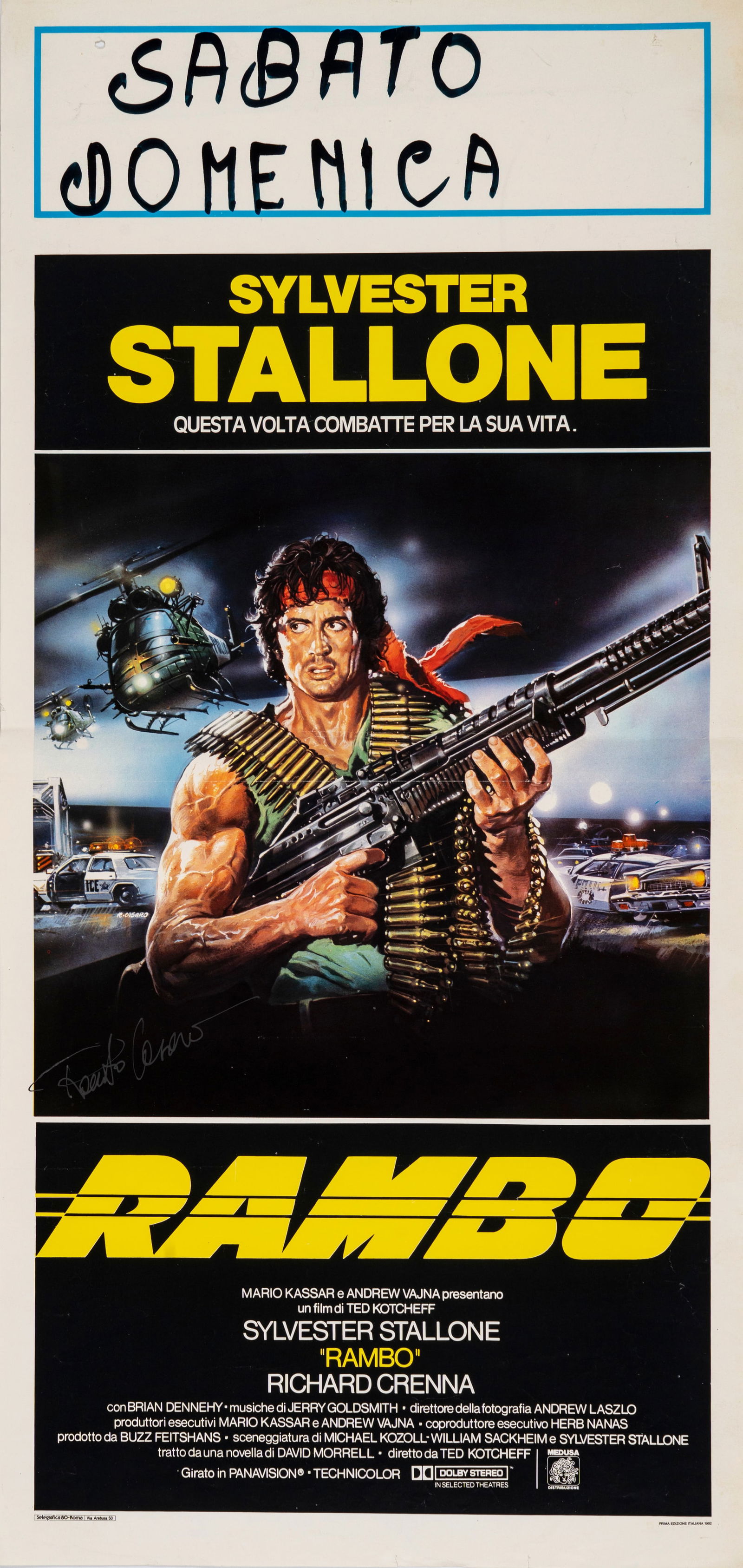 Casaro Renato - "Rambo (First Blood)", 1982: Casaro Renato - "Rambo (First Blood)", 1982 ITA stampa su carta33 x 70 cm Locandina originale in prima edizione del film "Rambo", diretto da Ted Kotcheff con Sylvester Stallone nel 19