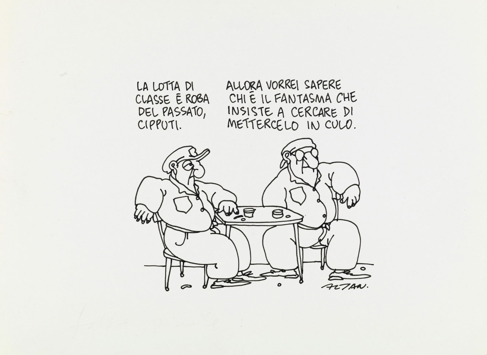 Altan (Francesco Tullio Altan) - "Cipputi", anni ‘80: Altan (Francesco Tullio Altan) - "Cipputi", anni ‘80 ITA china su cartoncino, 24 x 17,5 cm Illustrazione originale realizzata da Altan negli anni ‘80 per una delle sue celebri