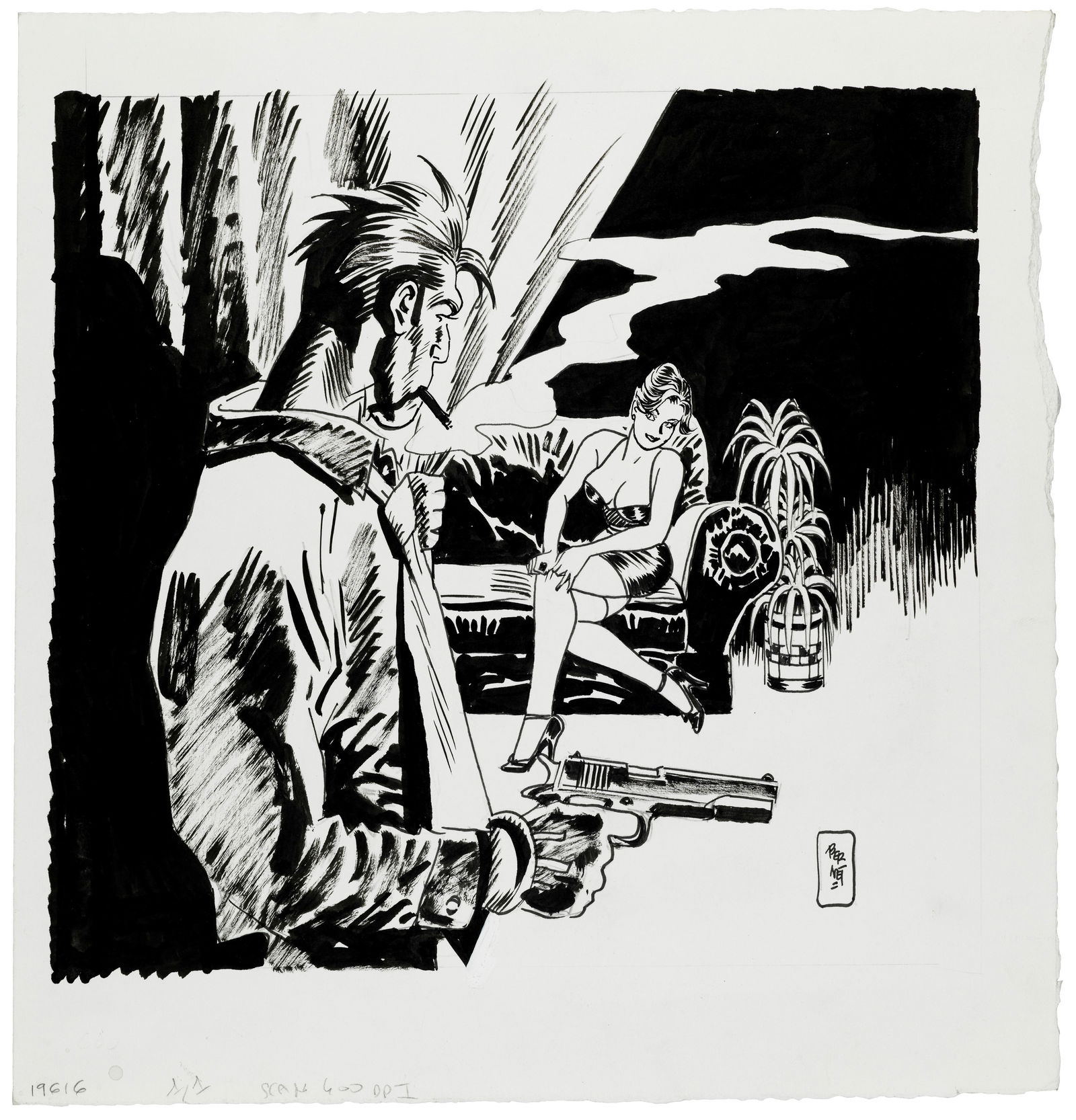 Bernet Jordi - "Torpedo", anni ‘90: Bernet Jordi - "Torpedo", anni ‘90 ITA matita e china su cartoncino, 30 x 32,5 cm Illustrazione originale realizzata da Bernet per il suo Torpedo durante gli anni ‘90. Antieroe