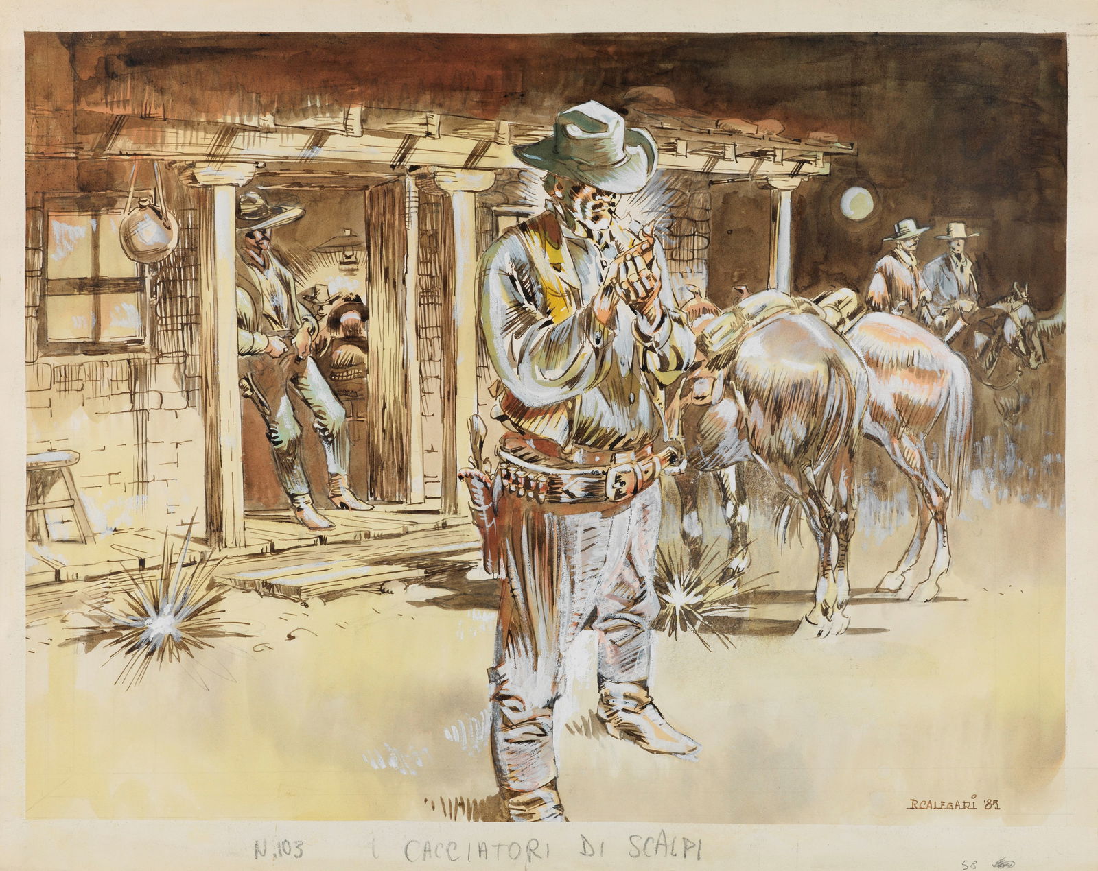 Calegari Renzo - "I cacciatori di scalpi", 1985: Calegari Renzo - "I cacciatori di scalpi", 1985 ITA acquerello e biacca su cartoncino, 44,5 x 35,5 cm Illustrazione originale realizzata da Calegari nel 1985. Lieve piega agli angoli