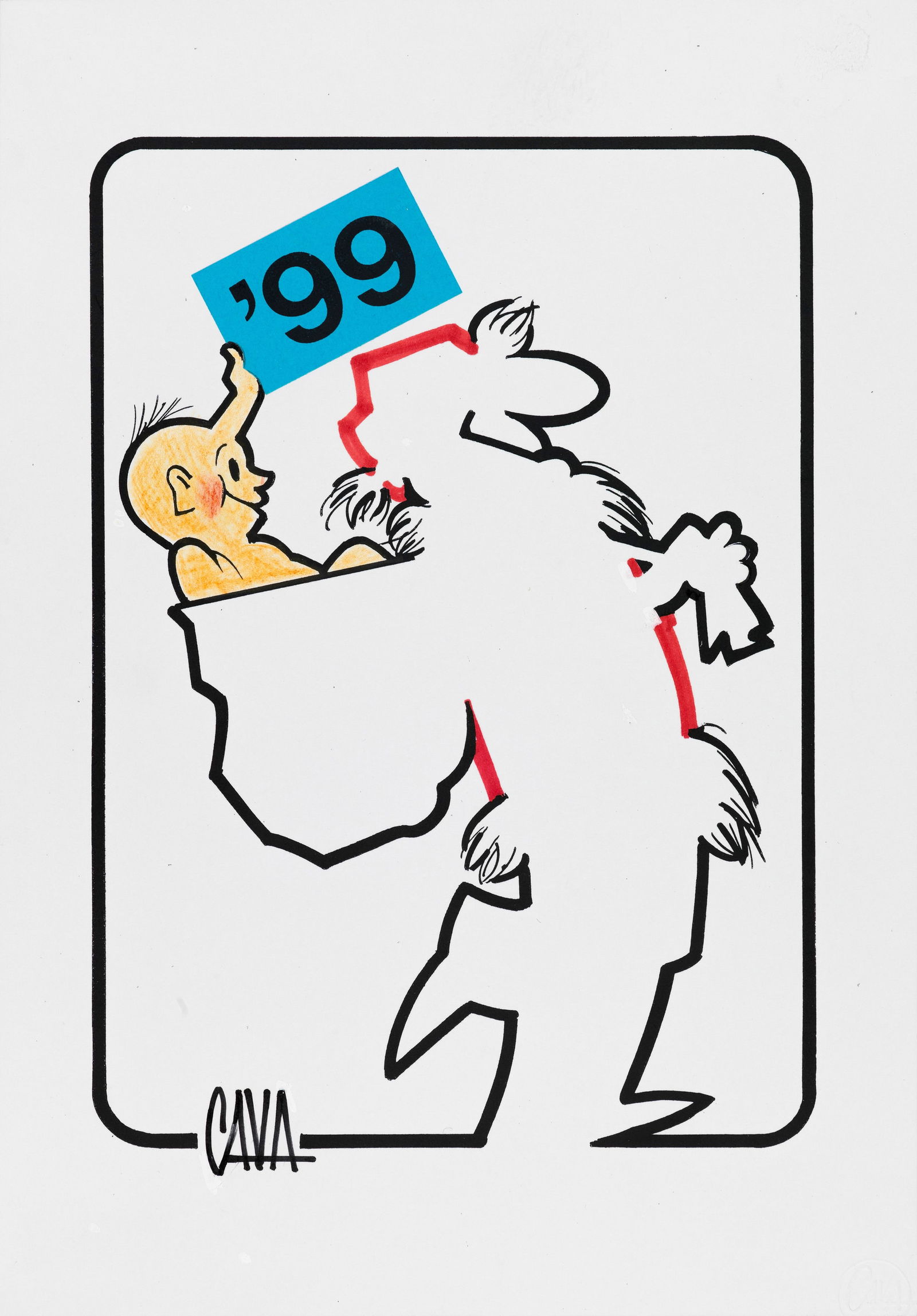 Cavandoli Osvaldo - "La Linea - Il nuovo anno", 1999: Cavandoli Osvaldo - "La Linea - Il nuovo anno", 1999 ITA pastelli, china e pennarello su cartoncino, 20 x 28 cm Illustrazione originale realizzata da Cavandoli per il suo celebre personaggio