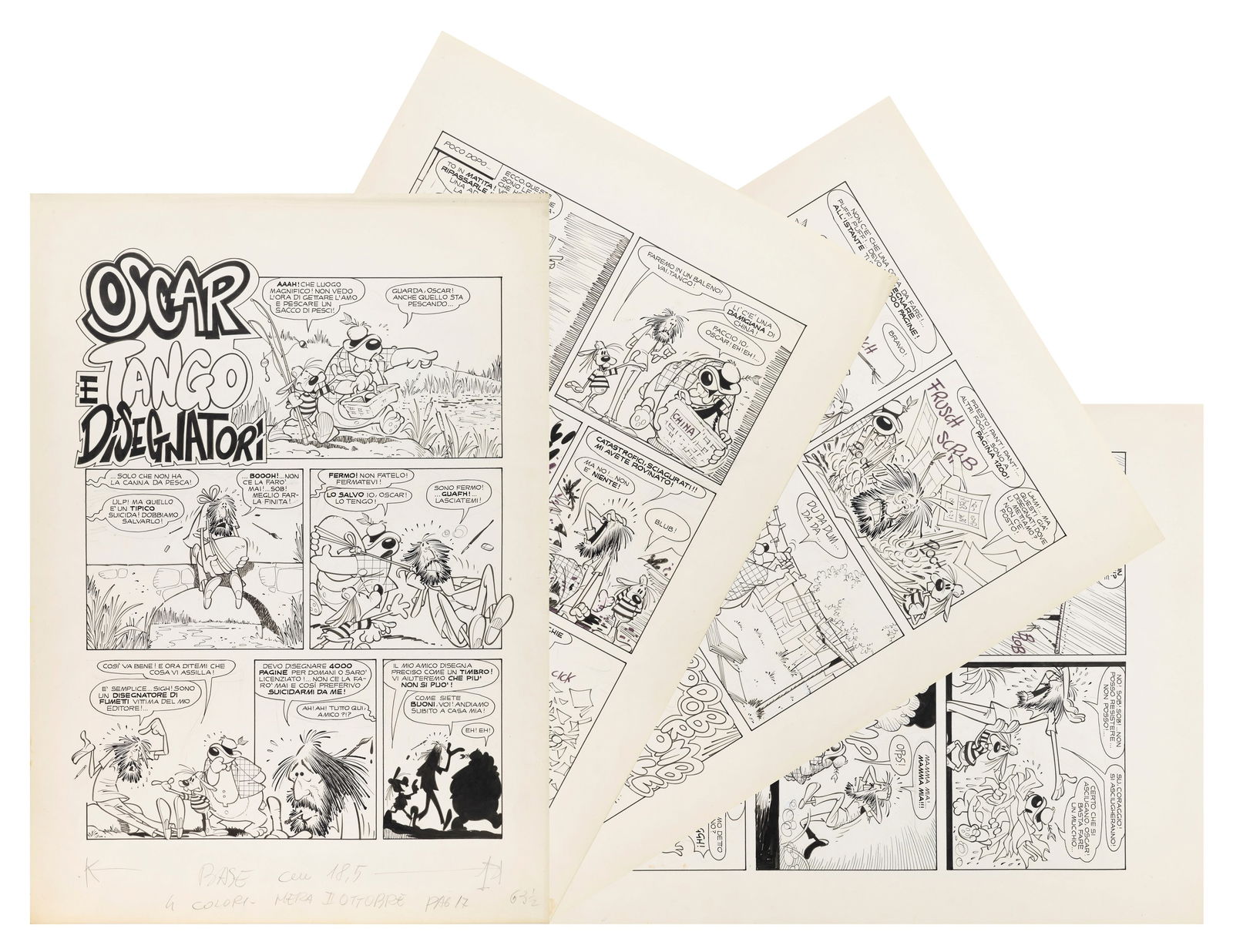 Cavazzano Giorgio - "Oscar e Tango - Disegnatori", 1975: Cavazzano Giorgio - "Oscar e Tango - Disegnatori", 1975 ITA matita e china su cartoncino, 36,5 x 51 cm ciascuno Storia completa composta da 4 tavole originali realizzate da Cavazzano per