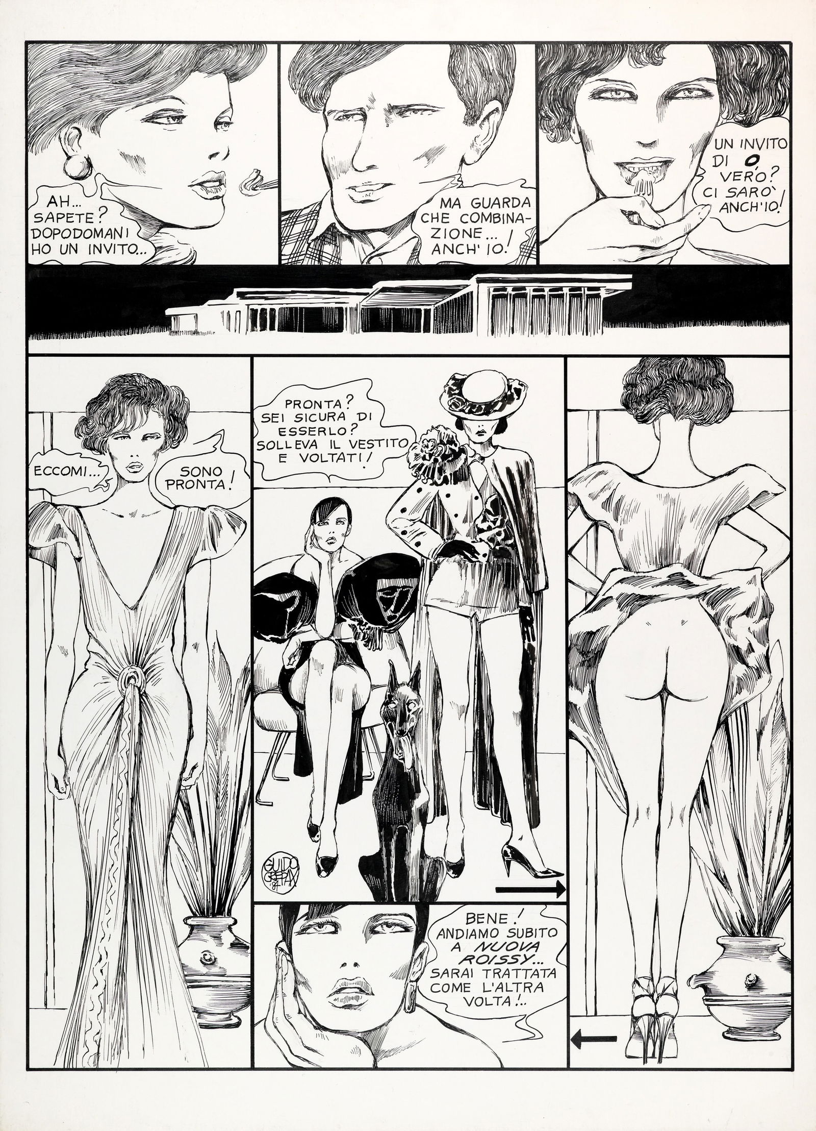 Crepax Guido - "L’histoire d’O 2", 1984: Crepax Guido - "L’histoire d’O 2", 1984 ITA matita e china su cartone, 36,5 x 51 cm Tavola originale realizzata da Crepax per "L'histoire d'O 2", edita per la prima volta a pag. 42 dalla Olympia
