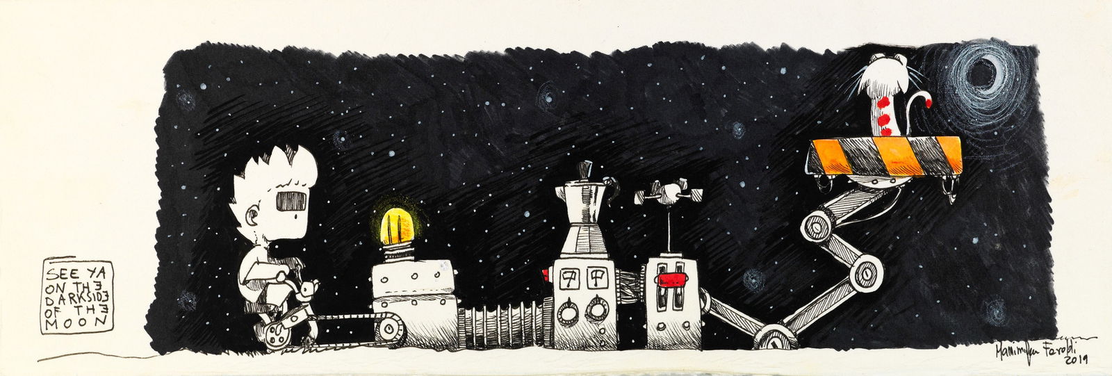 Feroldi Massimiliano - "Come far volare un gatto", 2019: Feroldi Massimiliano - "Come far volare un gatto", 2019 ITA matita, china e tempera su cartone, 38 x 12,5 cm Firmato e datato.________________________________________________________________E