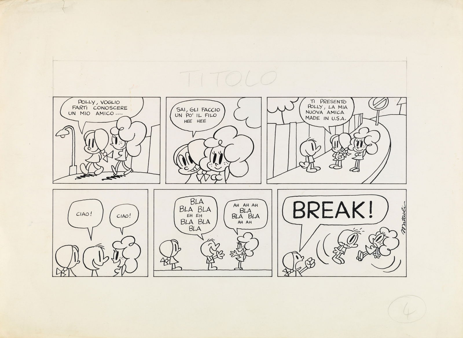 Mattioli Massimo - "Polly", anni ‘80: Mattioli Massimo - "Polly", anni ‘80 ITA matita e china su cartoncino, 39 x 28,5 cm Tavola originale realizzata da Mattioli durante gli anni ‘80. Colorata al retro a tempera. Liev