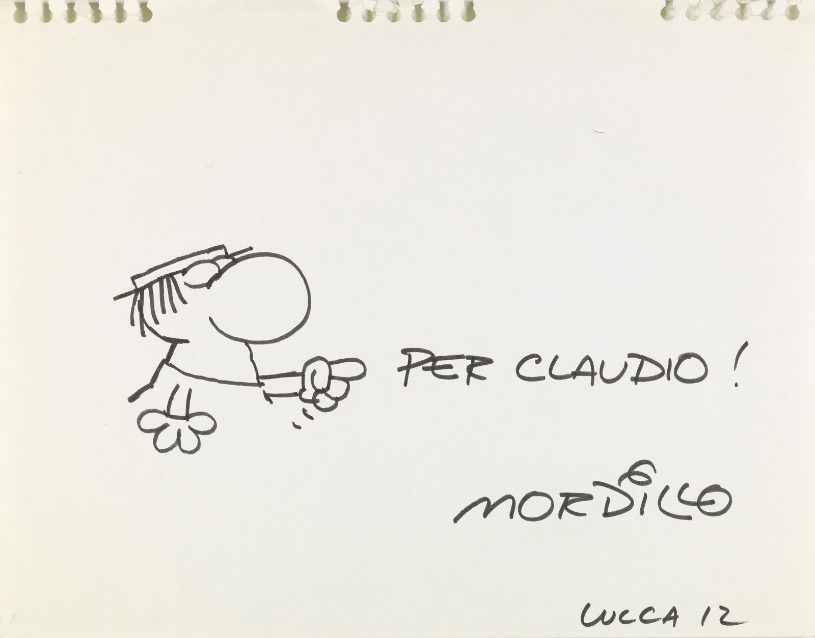 Mordillo Guillermo - "Omino dal naso tondo", 1977: Mordillo Guillermo - "Omino dal naso tondo", 1977 ITA china su carta, 28 x 22 cm Disegno originale realizzato da Mordillo durante il Festival di Lucca Comics nel 1977. Lievi pieghe ai margini