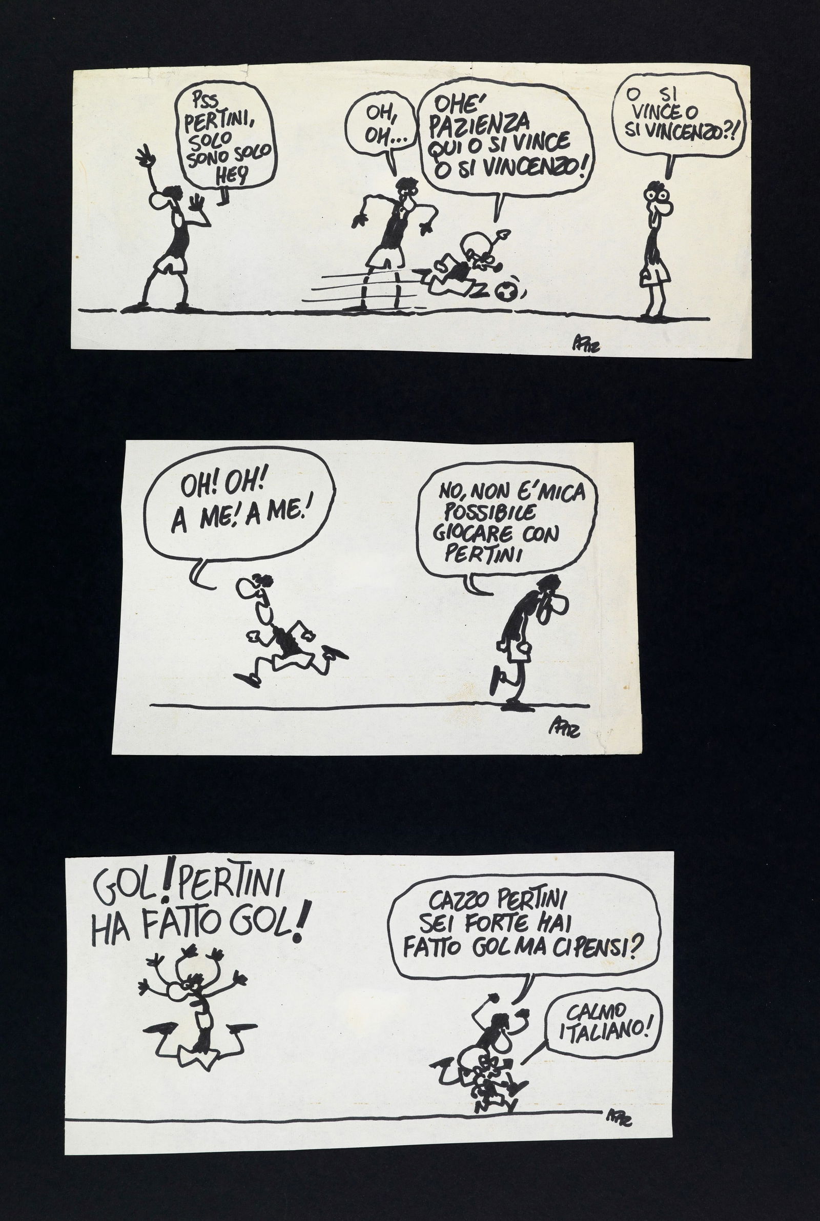 Pazienza Andrea - "Pertini ha fatto gol!", anni ‘80: Pazienza Andrea - "Pertini ha fatto gol!", anni ‘80 ITA pennarello su carta, a) 23 x 10 cm b) 17 x 10 cm c) 21 x 10 cm Tavola originale realizzata da Pazienza nei primi anni ‘80